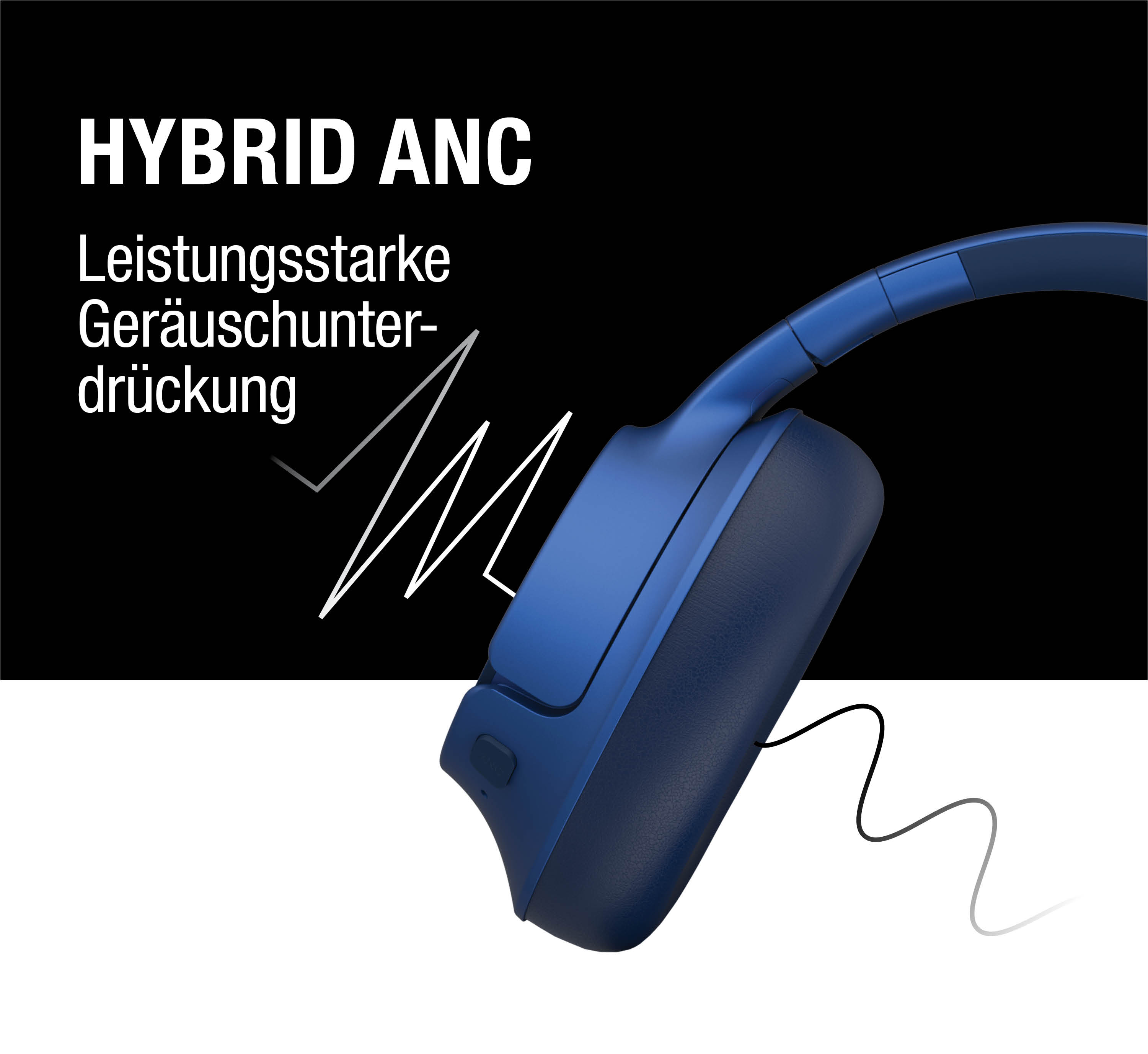 Blaue Kopfhörer mit Hybrid ANC und Text in deutscher Sprache.