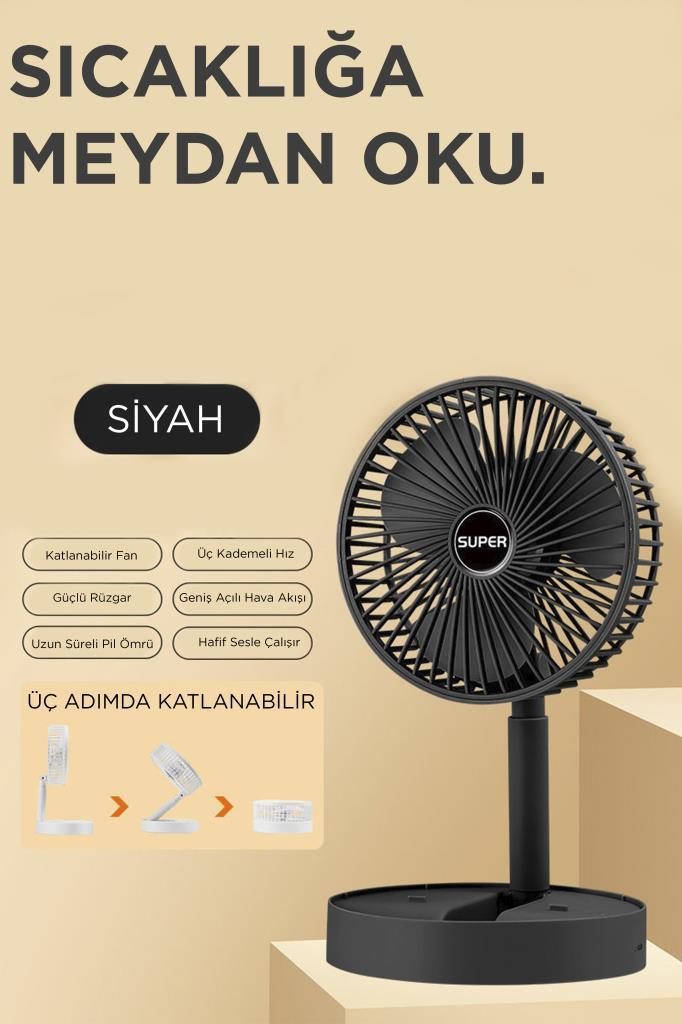 Bej arka planda metin ve simgeler içeren siyah masa vantilatörü.