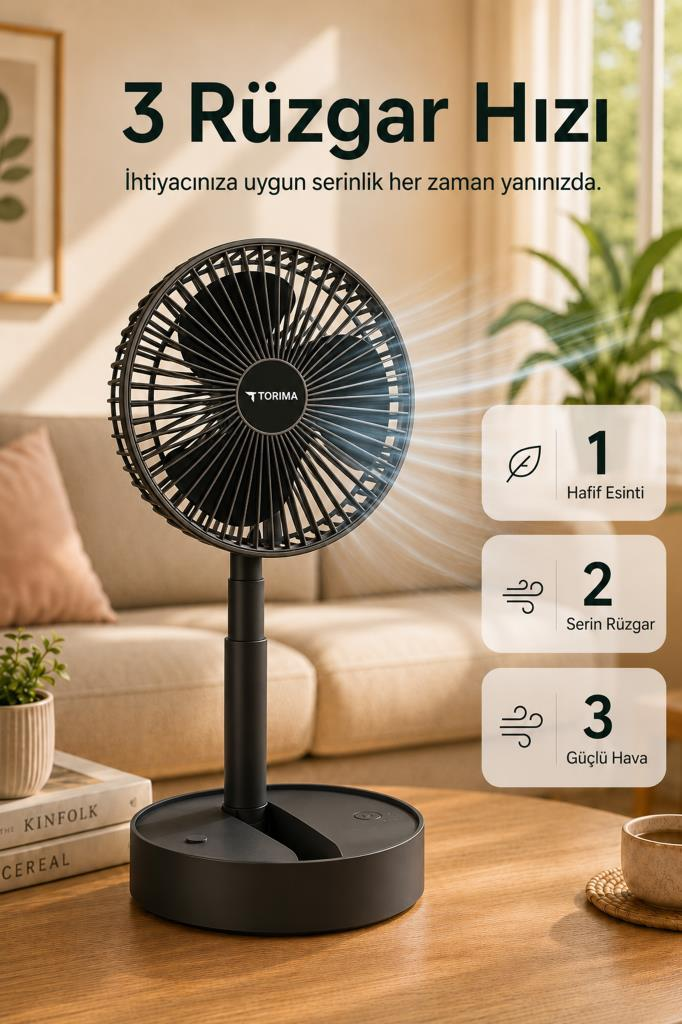 Ahşap masa üzerinde siyah renkli, üç hız ayarlı ve Türkçe yazılı masa fanı.