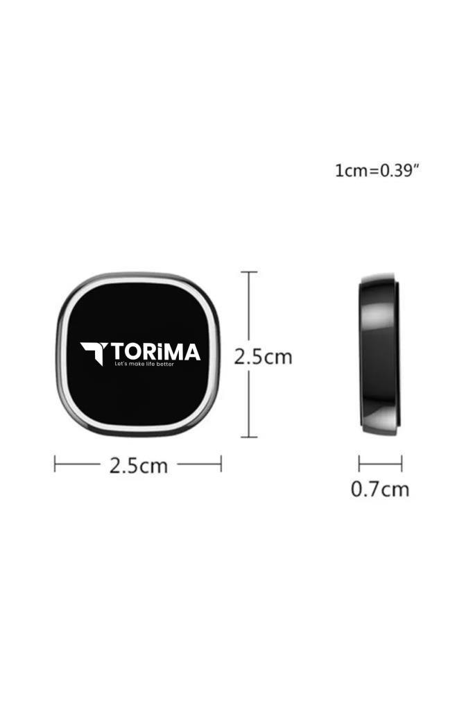 2.5x2.5 cm boyutlarında ve 0.7 cm kalınlığında küçük siyah Torima manyetik telefon tutucunun ön ve yan görünümü.