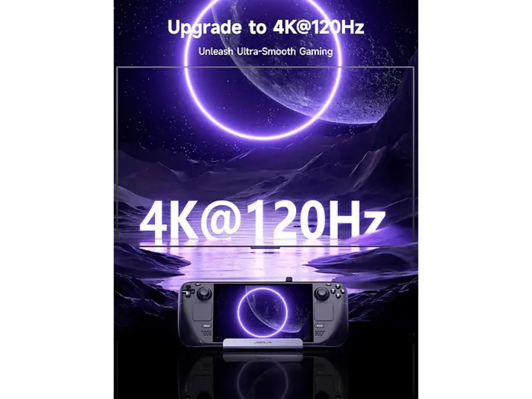 Eine Handheld-Konsole zeigt 4K@120Hz Gaming mit neonviolettem Raum-Hintergrund.