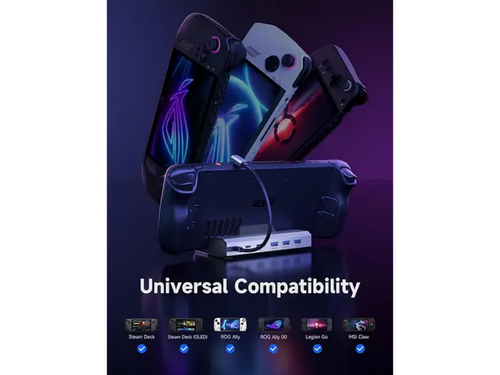 Handheld-Konsolen auf einer Ladestation mit dem Text Universal Compatibility und Gerätesymbolen darunter.