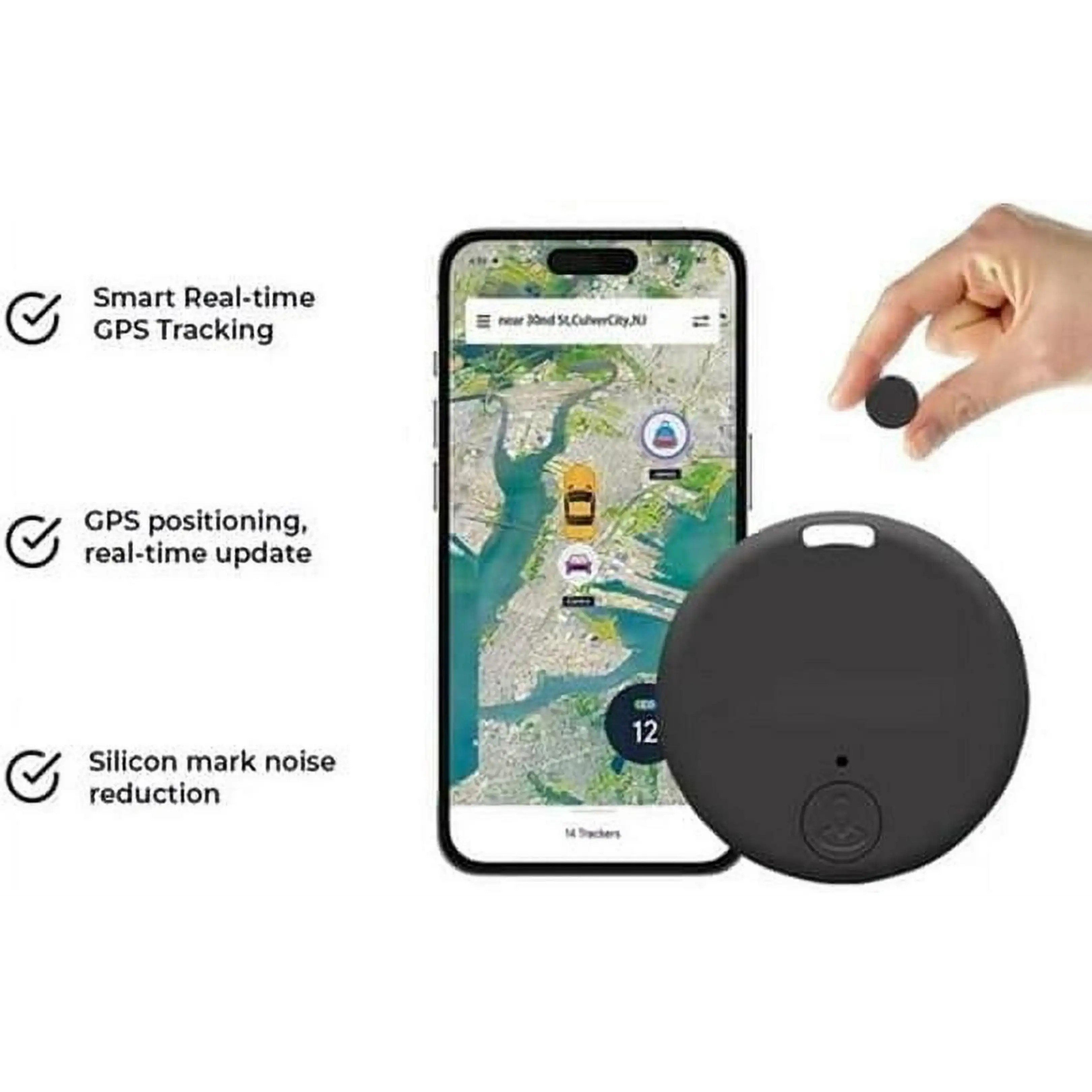 Smartphone mit GPS-Tracking-Karte und ein kleiner schwarzer Tracker neben einer Hand.