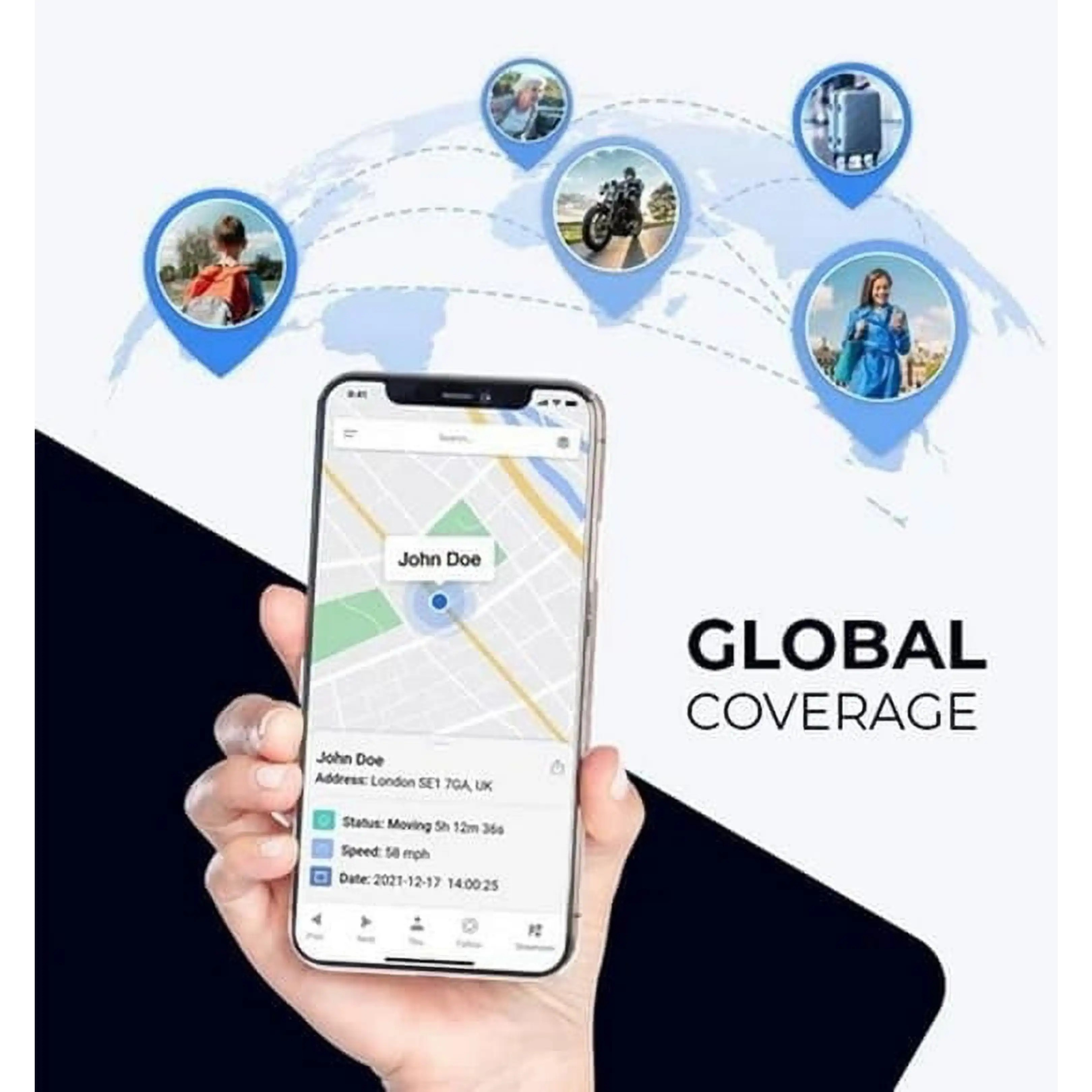 Smartphone mit GPS-Tracking-App und Weltkarte im Hintergrund mit runden Markierungen.