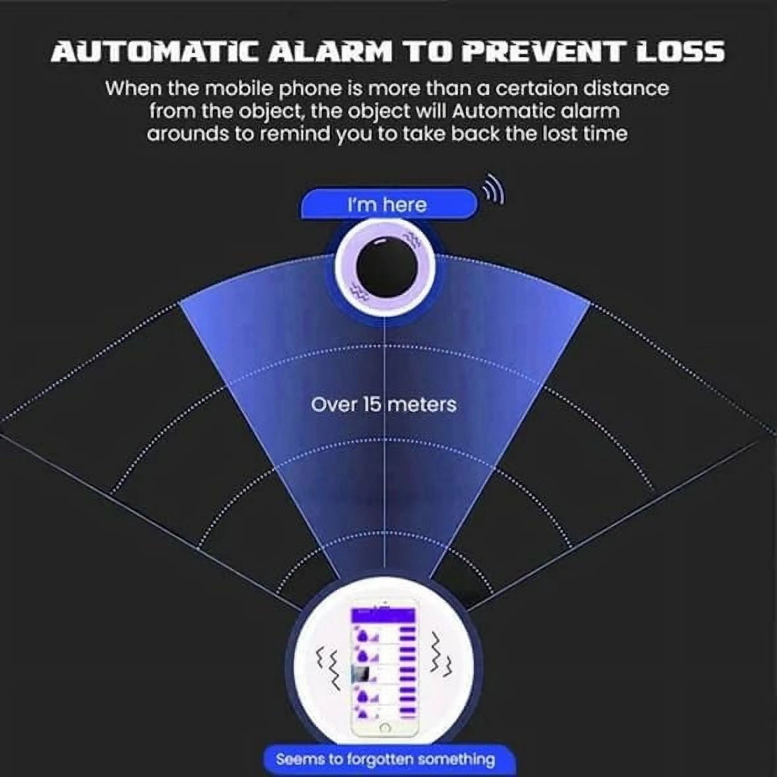 Diagramm zeigt Diebstahlschutz-Alarm, wenn das Telefon über 15 Meter vom Objekt entfernt ist.