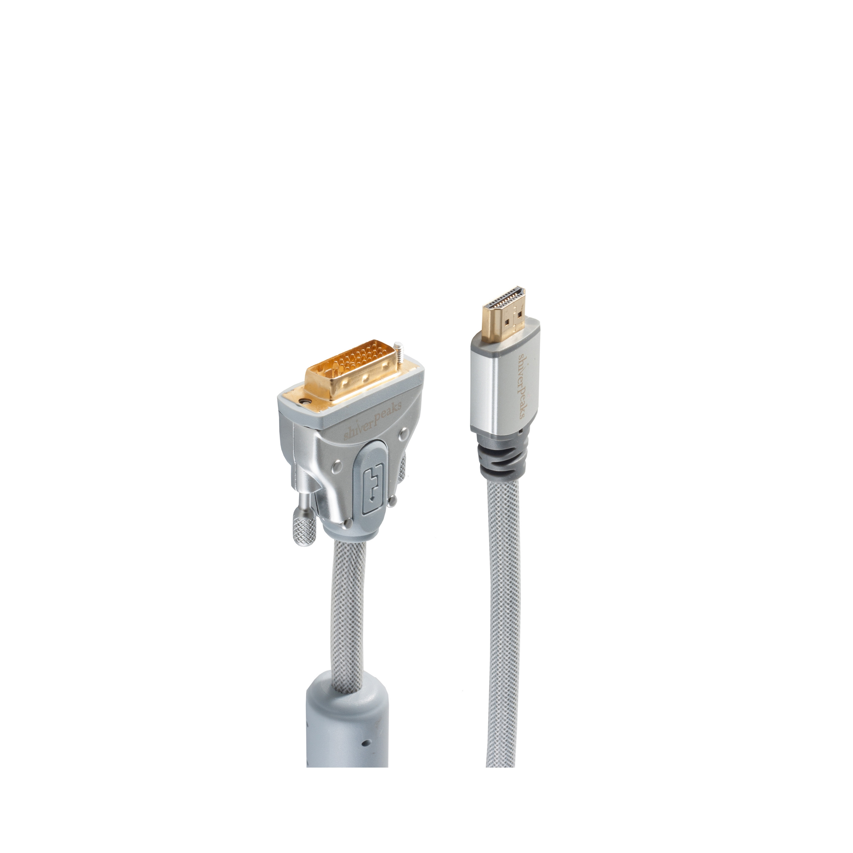 Ein DVI- und ein HDMI-Anschluss mit grauen geflochtenen Kabeln vor weißem Hintergrund.