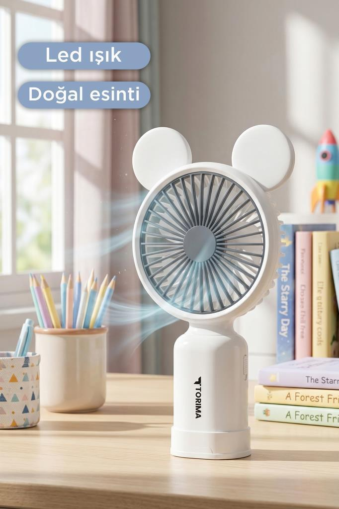 Masa üstünde kitapların önünde duran beyaz, fare kulaklıklı el vantilatörü.