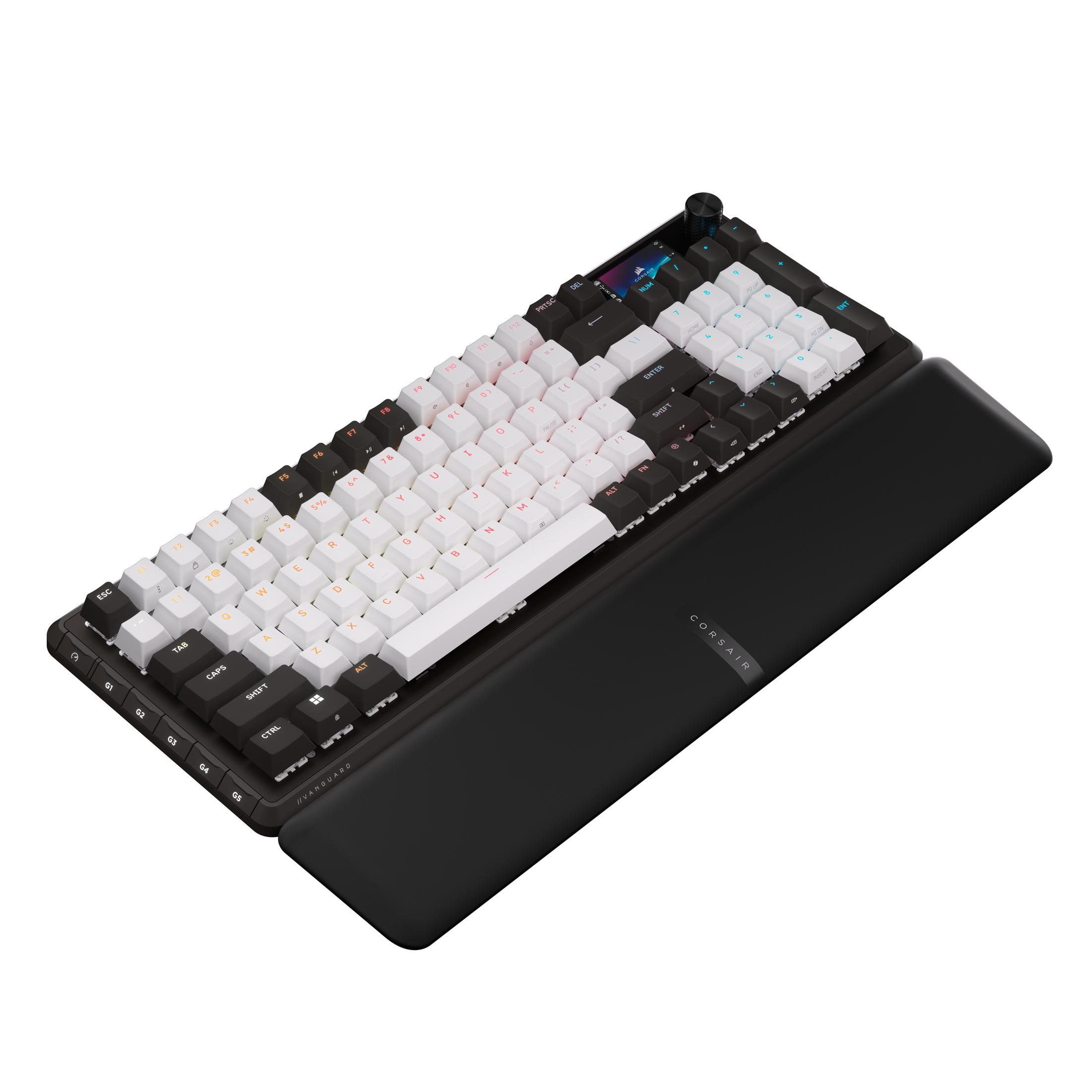 Tastiera meccanica Corsair bianco e nero con schermo integrato, rotella del volume e poggiapolsi.