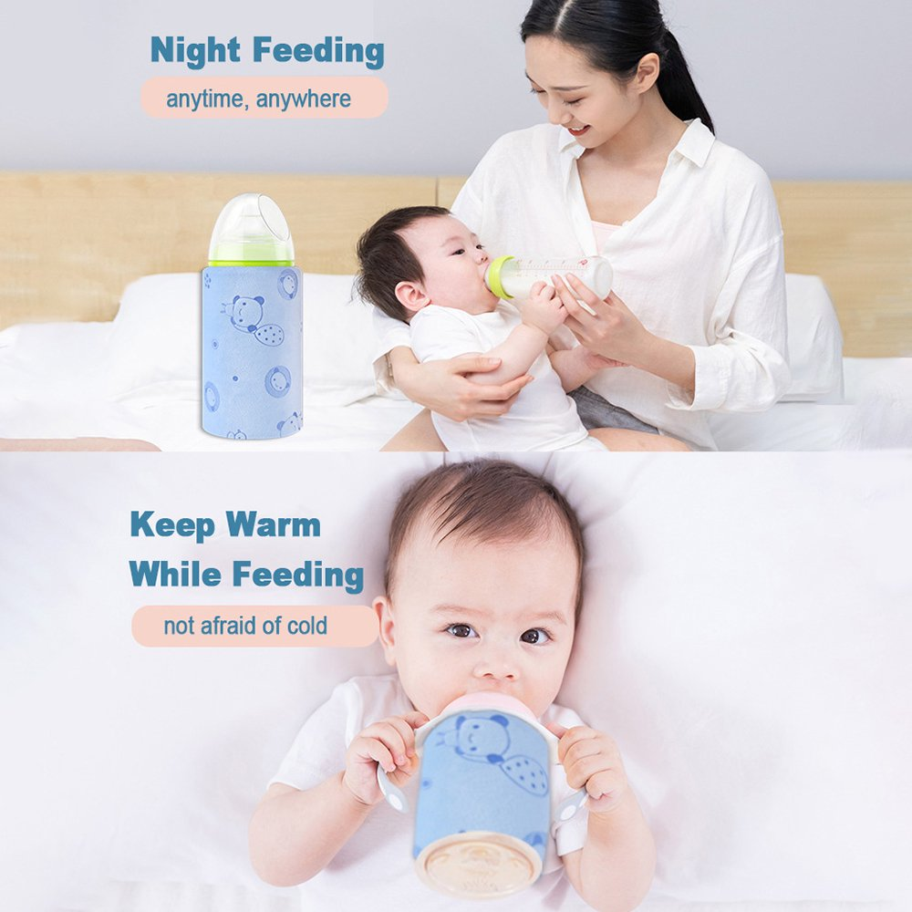 Eine Frau füttert ein Baby im Bett mit einer isolierten blauen Babyflasche.