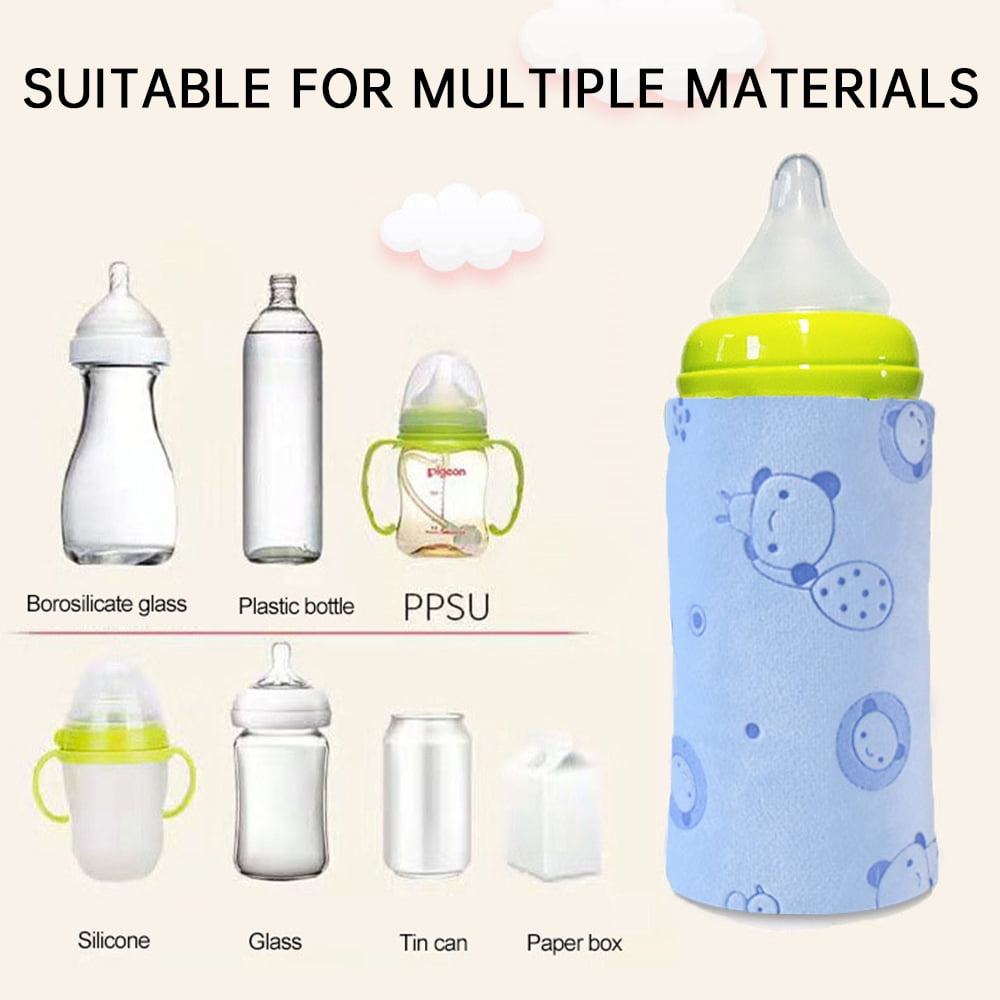 Verschiedene Babyflaschen aus Materialien wie Glas, Kunststoff, PPSU, Silikon, Blech und Papier, mit einer großen blauen Flasche.
