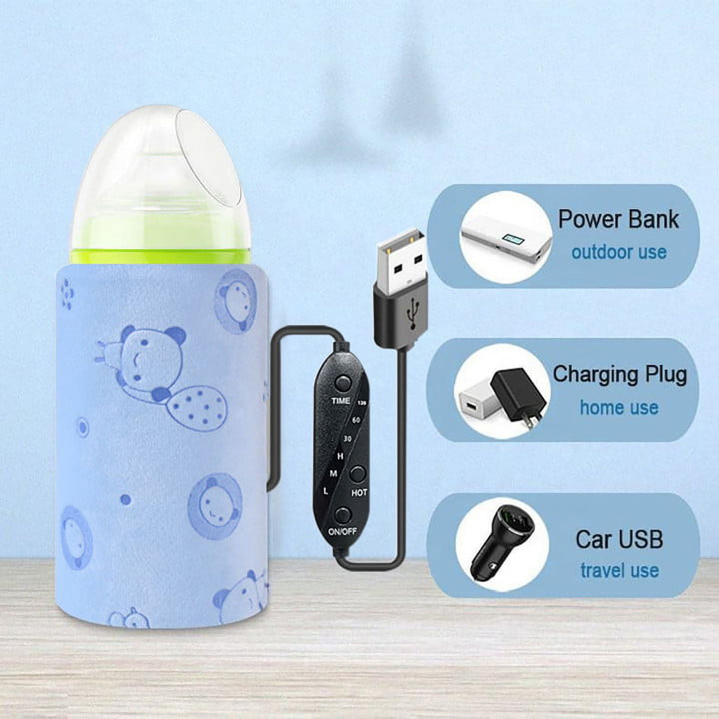 Ein blauer Flaschenwärmer mit USB-Kabel zeigt Kompatibilität mit Powerbanks, Steckdosen und Autoladegeräten.