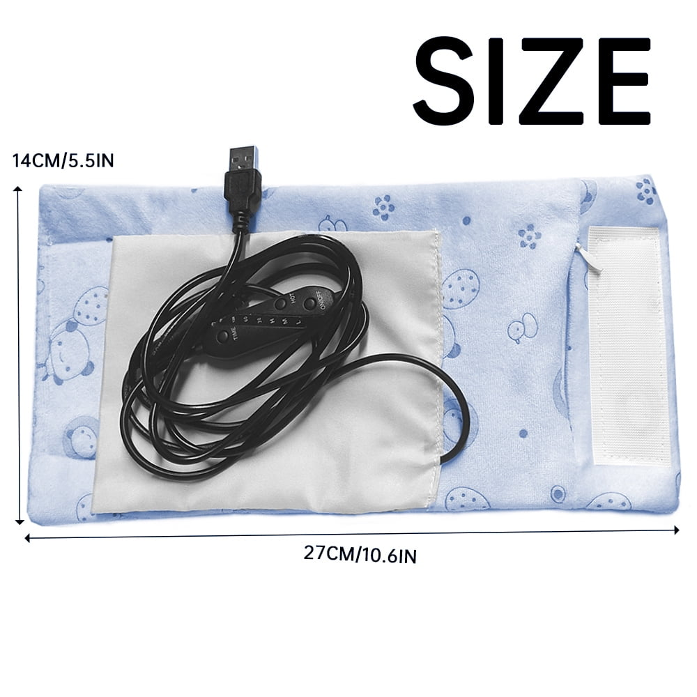 Ein hellblauer Feuchttuchwärmer mit schwarzem USB-Kabel, Maße 27x14 cm.