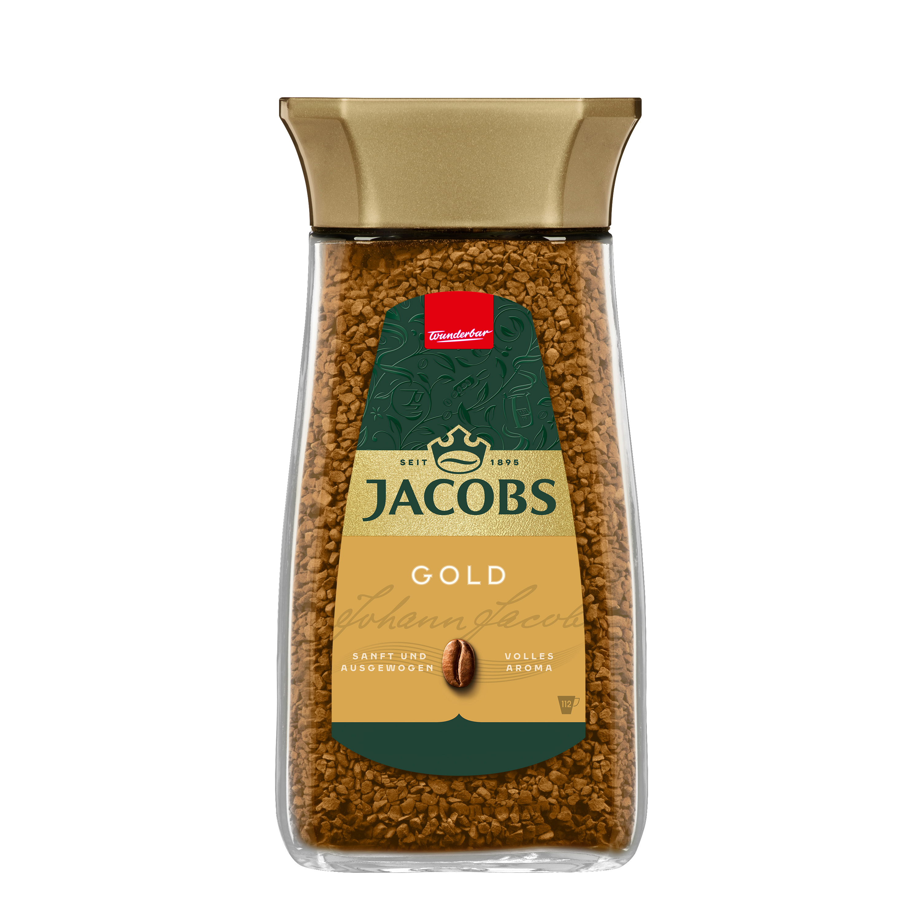 Ein Glas Jacobs Gold Instantkaffee mit Golddeckel und grün-goldenem Etikett.