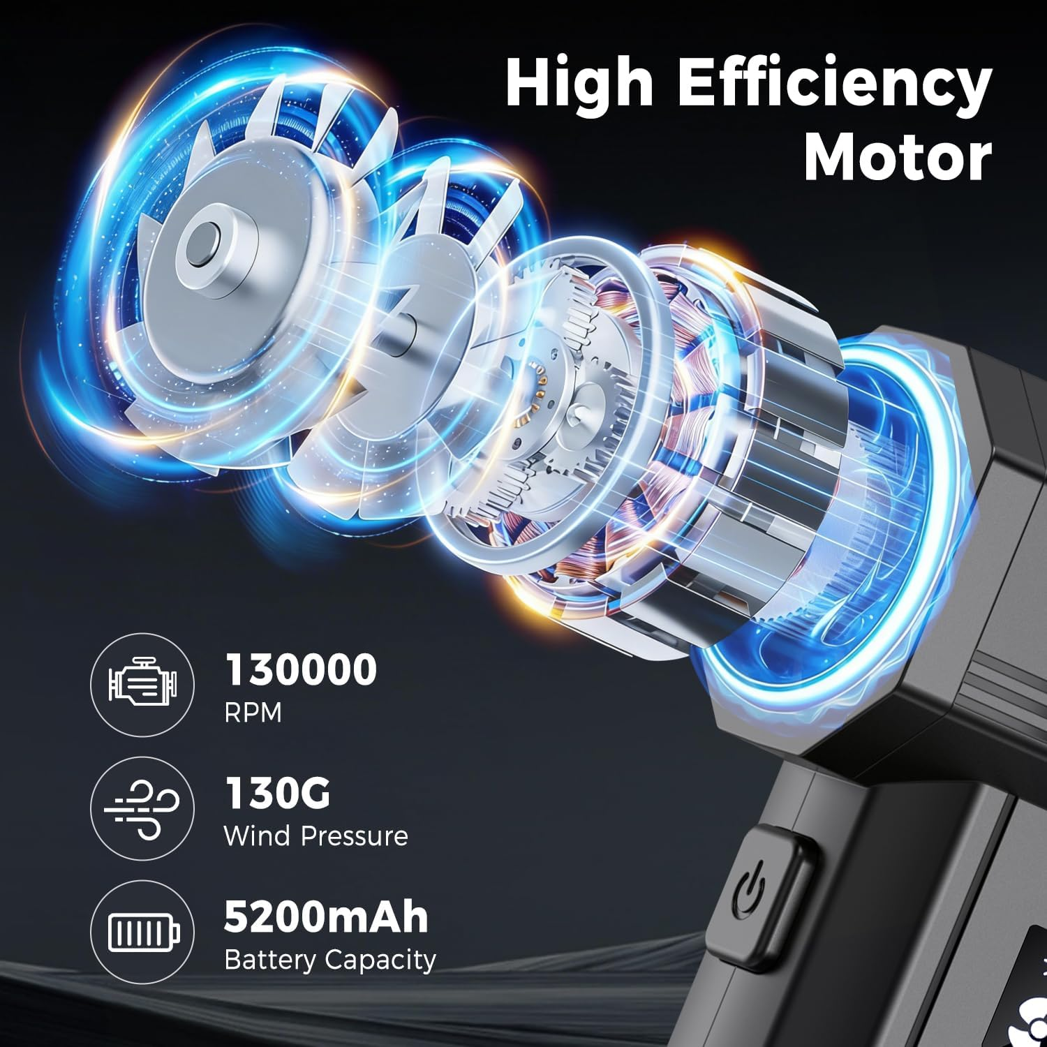 Diagramm eines Hocheffizienzmotors mit 130000 RPM, 130G Winddruck und 5200mAh Akku.