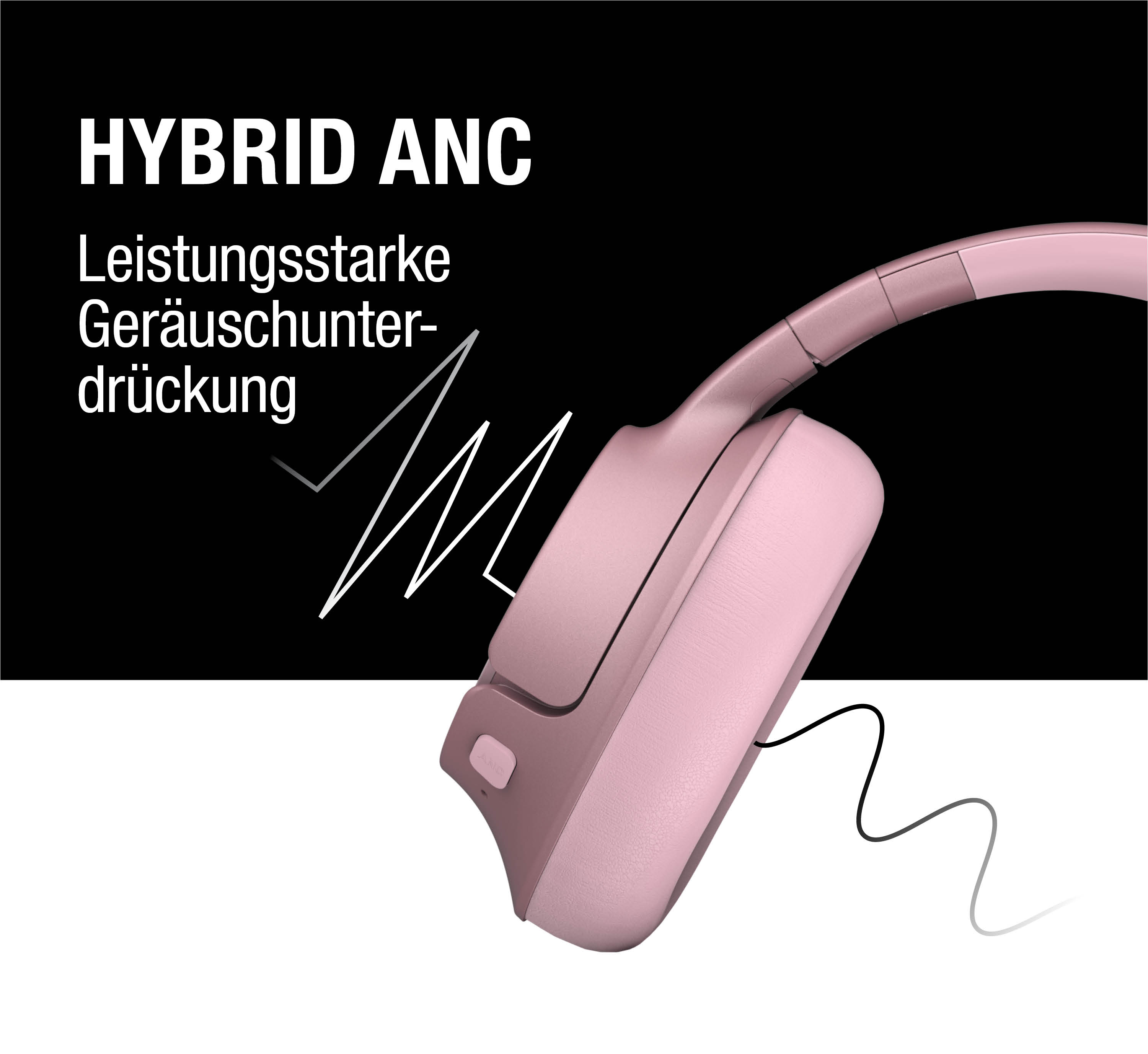 Rosa Kopfhörer mit Hybrid-ANC auf schwarz-weißem Hintergrund mit Text.