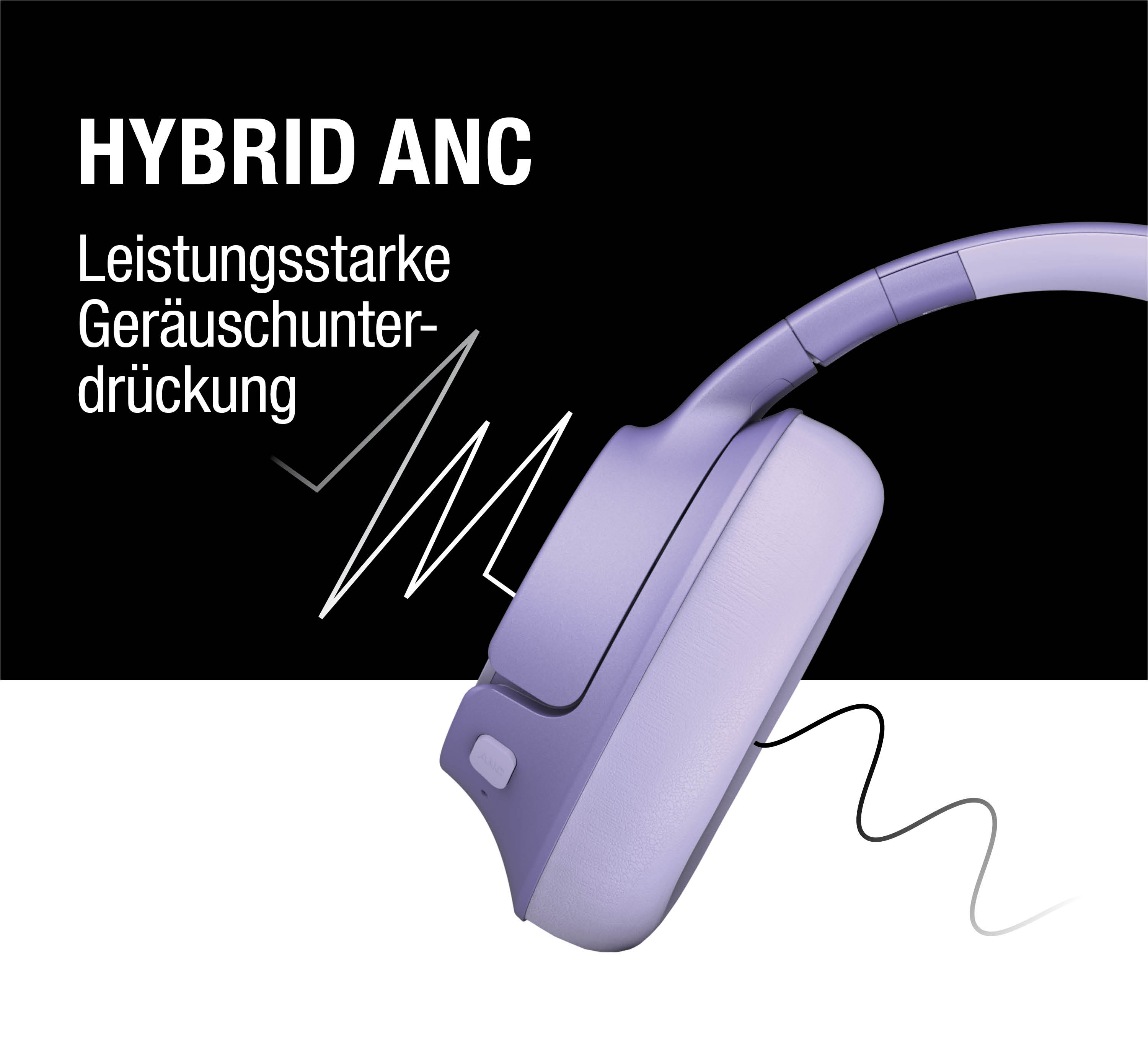 Lila Kopfhörer mit Hybrid ANC und Text in deutscher Sprache auf schwarzem Hintergrund.