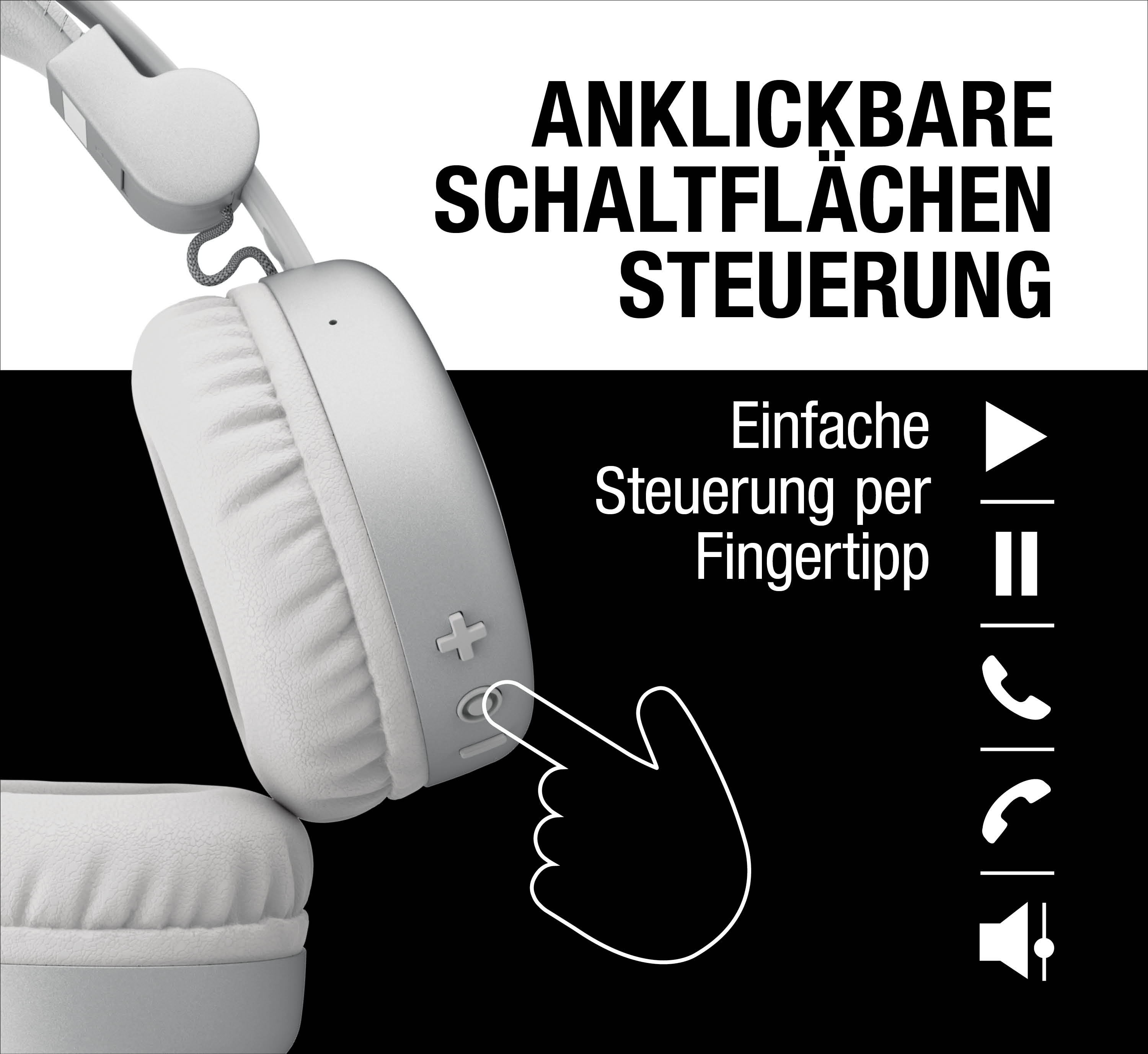 Hand berührt weiße Kopfhörerknöpfe zur einfachen Steuerung per Fingertipp.