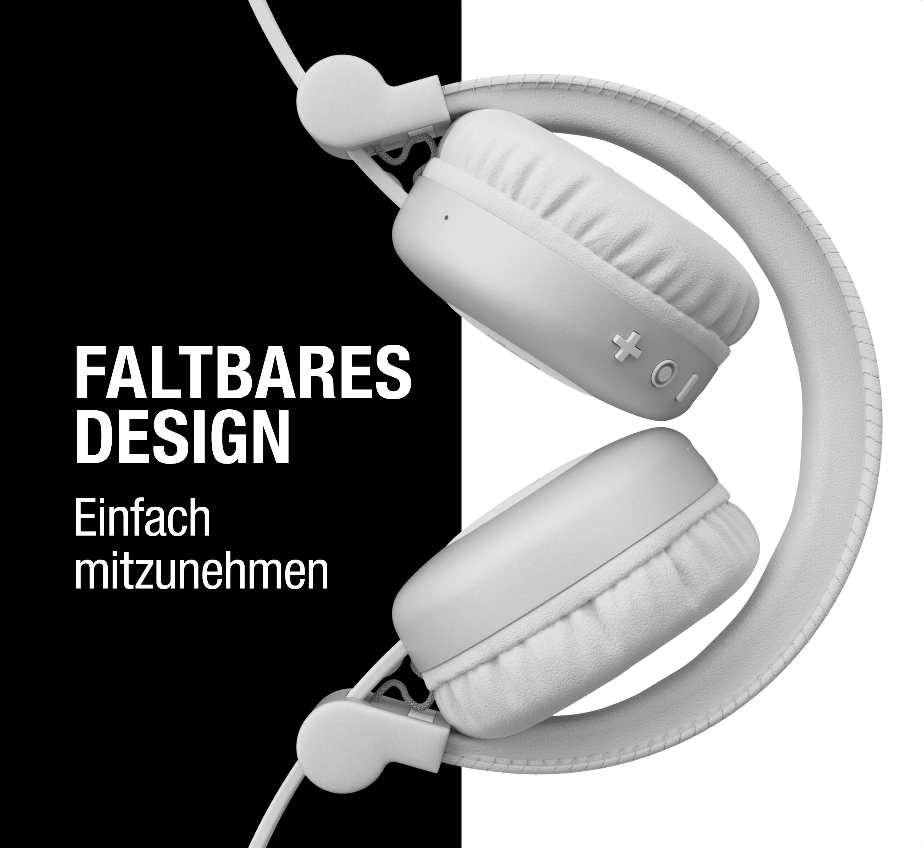 Weiße faltbare Kopfhörer vor schwarz-weißem Hintergrund mit deutschem Text.