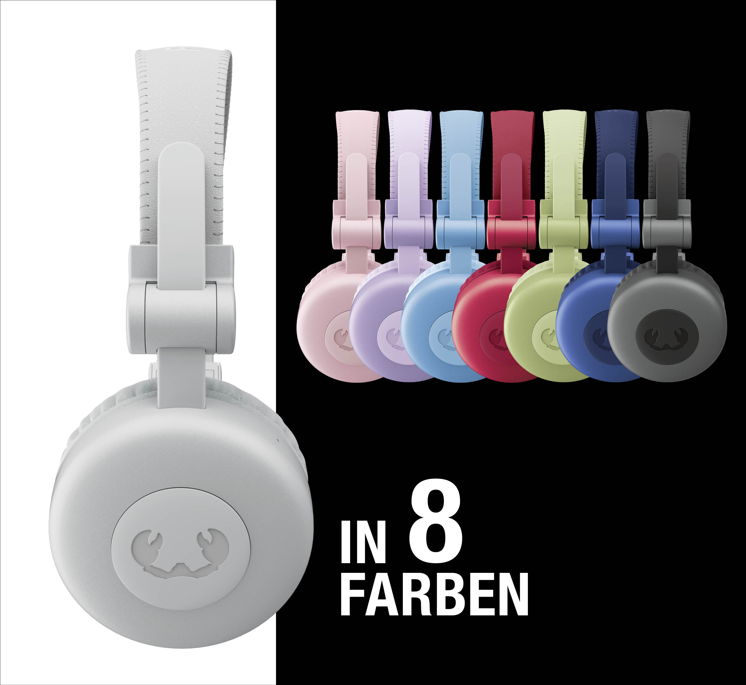 Erhältlich in 8 Farben: Eine weiße Kopfhörerseite im Vordergrund, sieben weitere farbige im Hintergrund.