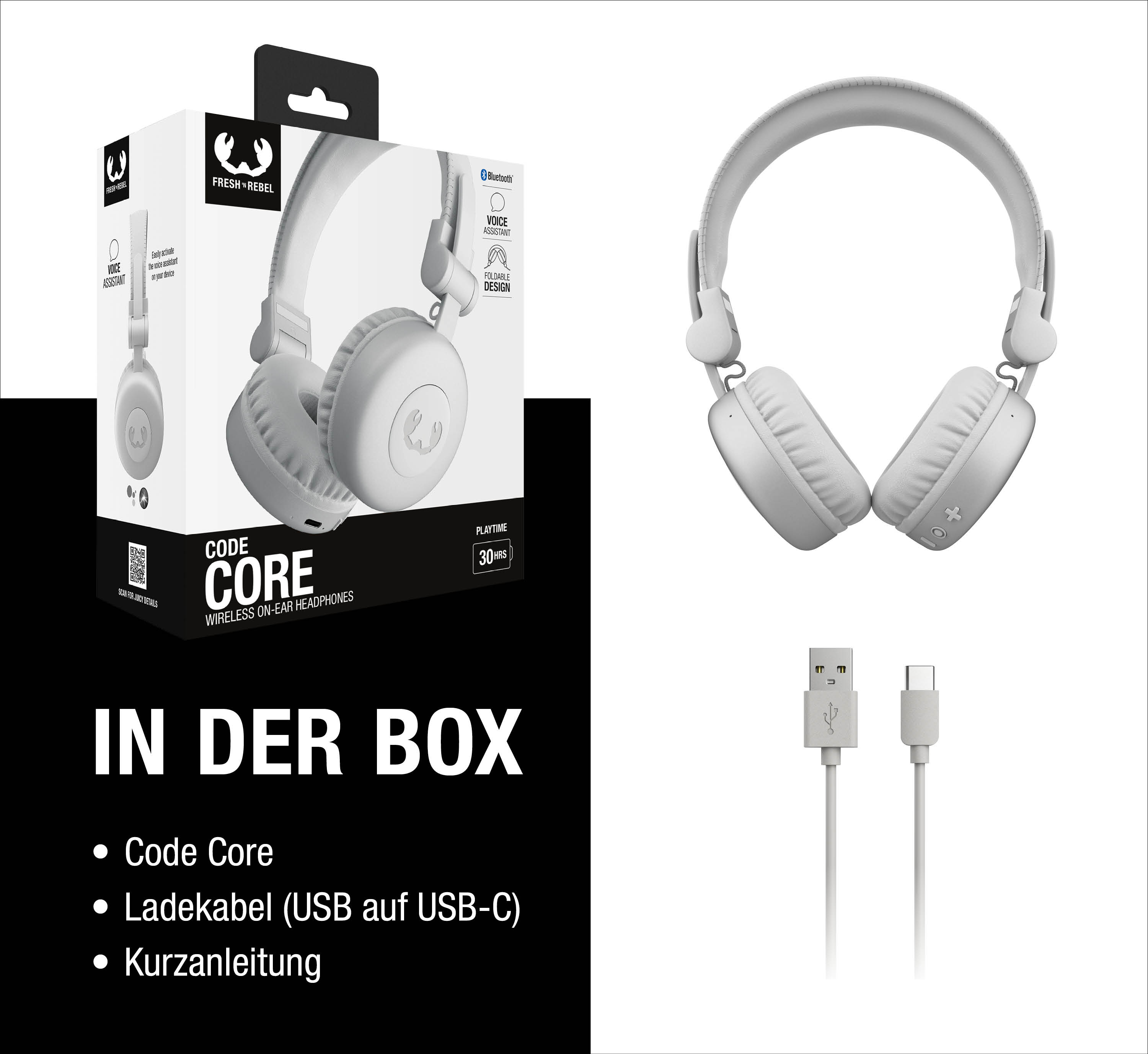 Weiße Code Core kabellose Kopfhörer mit Verpackungskarton und USB-auf-USB-C-Ladekabel.