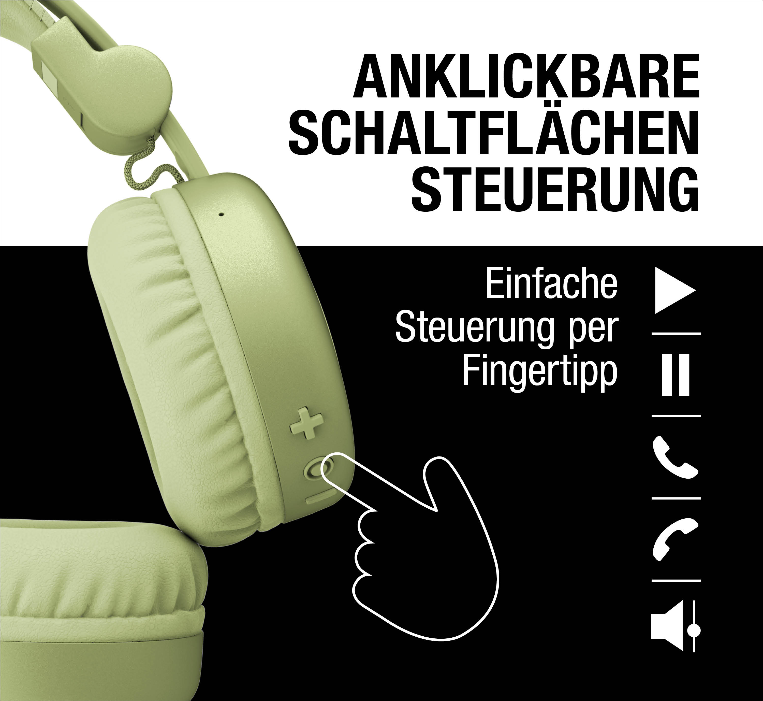 Grüne Kopfhörer mit Touch-Steuerung und deutscher Textgrafik.