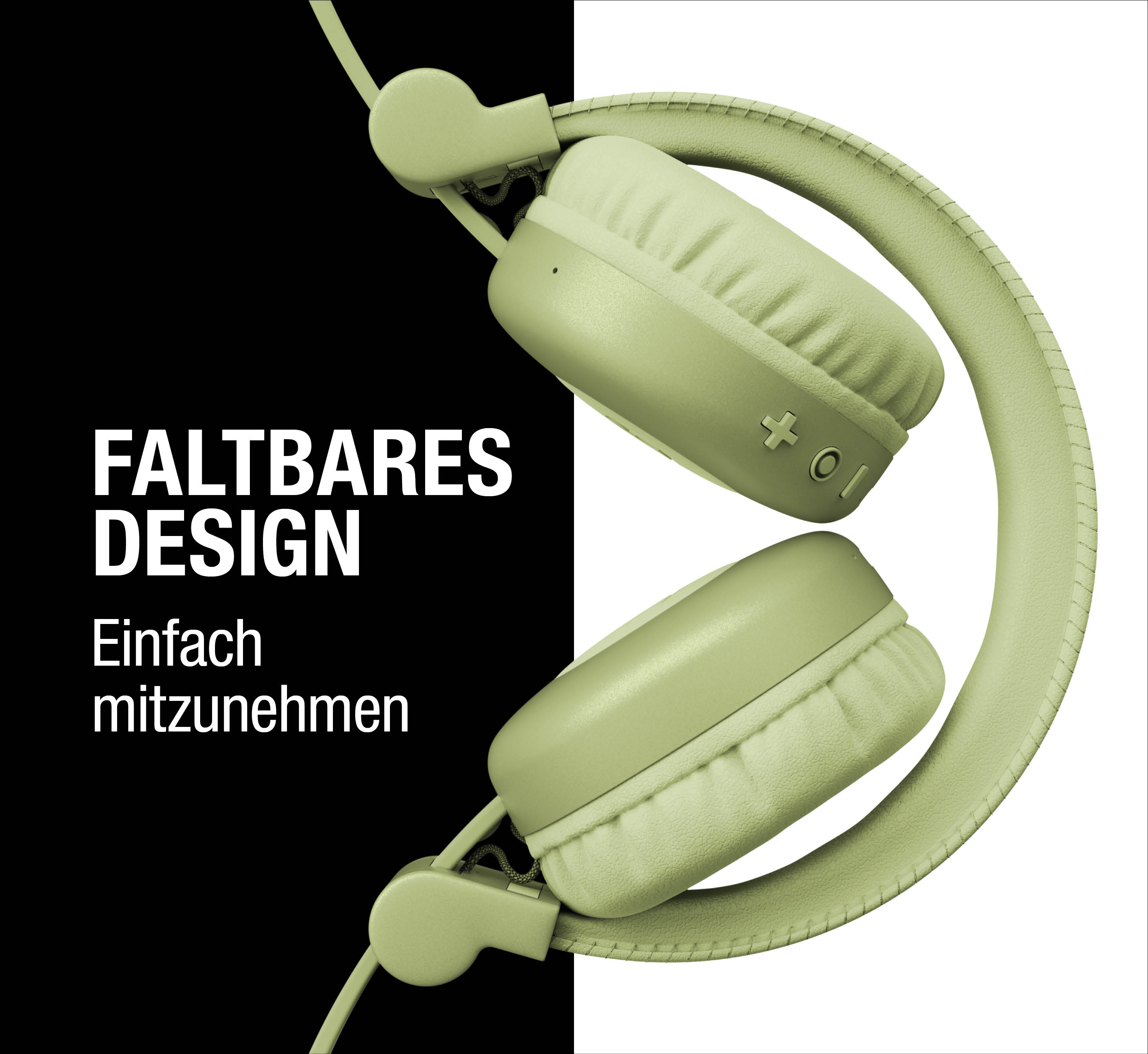 Hellgrüne Over-Ear-Kopfhörer vor schwarz-weißen Hintergrund mit weißem Text.