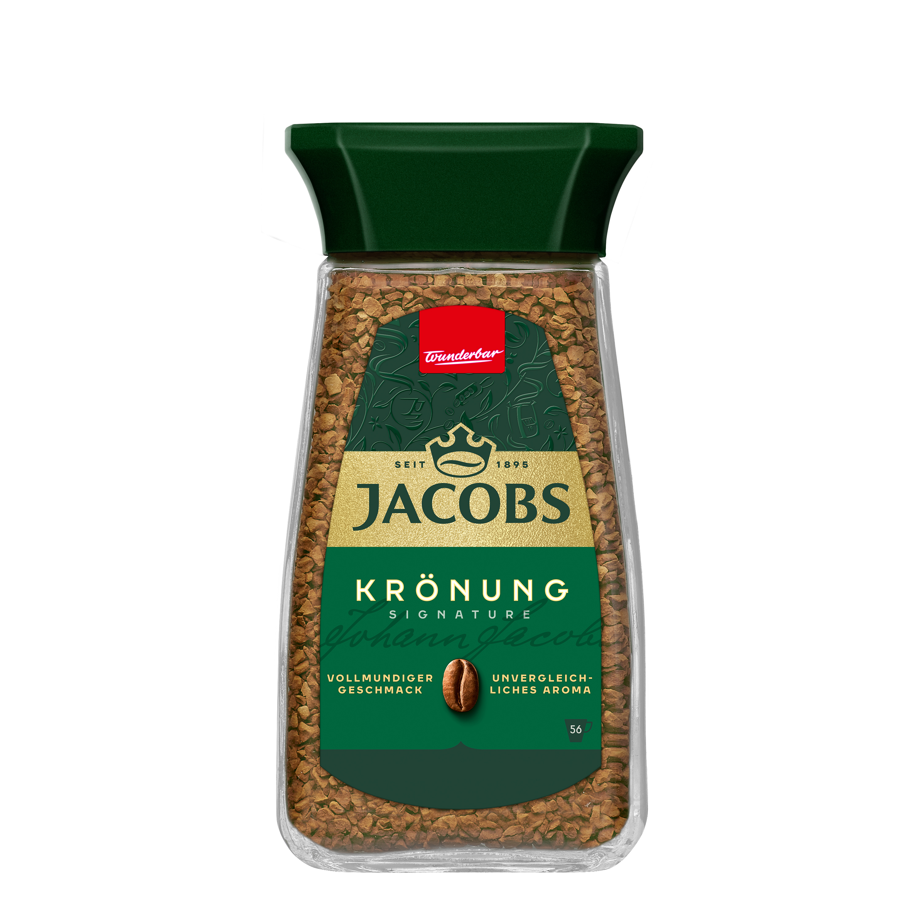 Ein Glas Jacobs Krönung Instantkaffee mit dunkelgrünem Deckel und goldenem Etikett auf weißem Hintergrund.