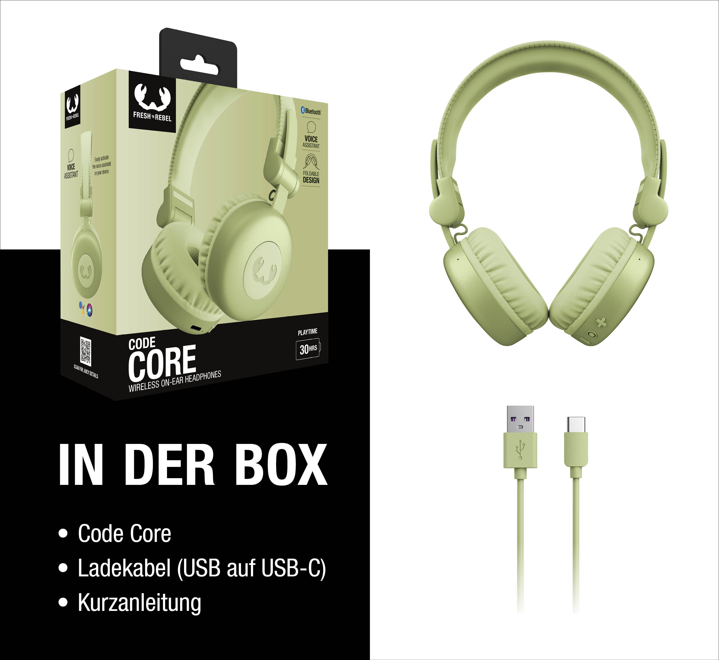 Grüne On-Ear-Kopfhörer, Verpackung und Ladekabel auf weißem und schwarzem Hintergrund.