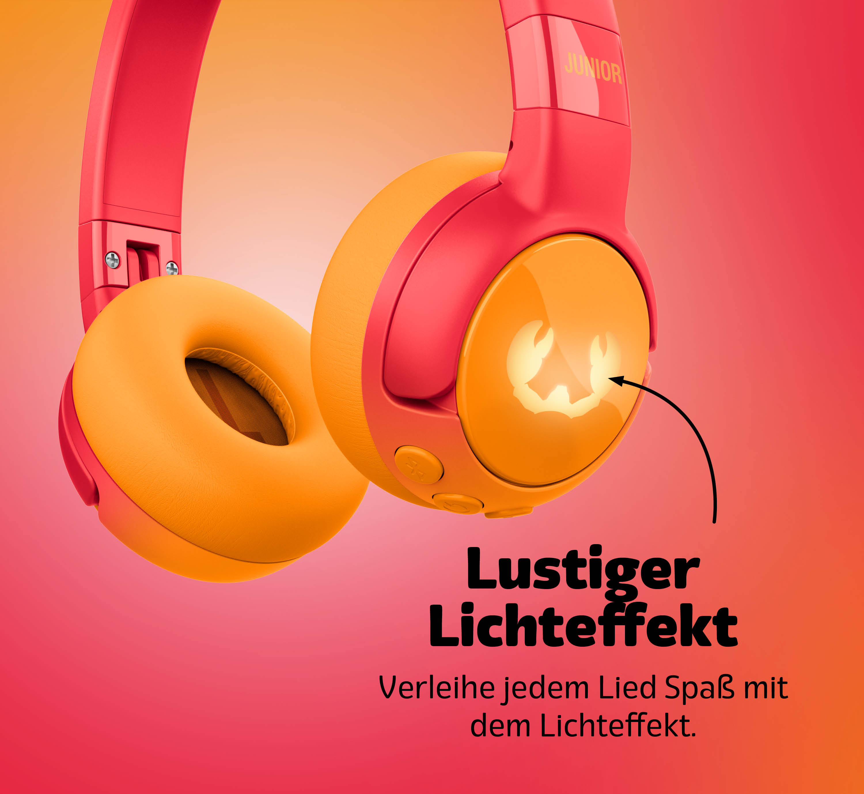 Pinke und orangefarbene Kinderkopfhörer mit leuchtendem Krabbensymbol und deutschem Werbetext vor rotem Hintergrund.