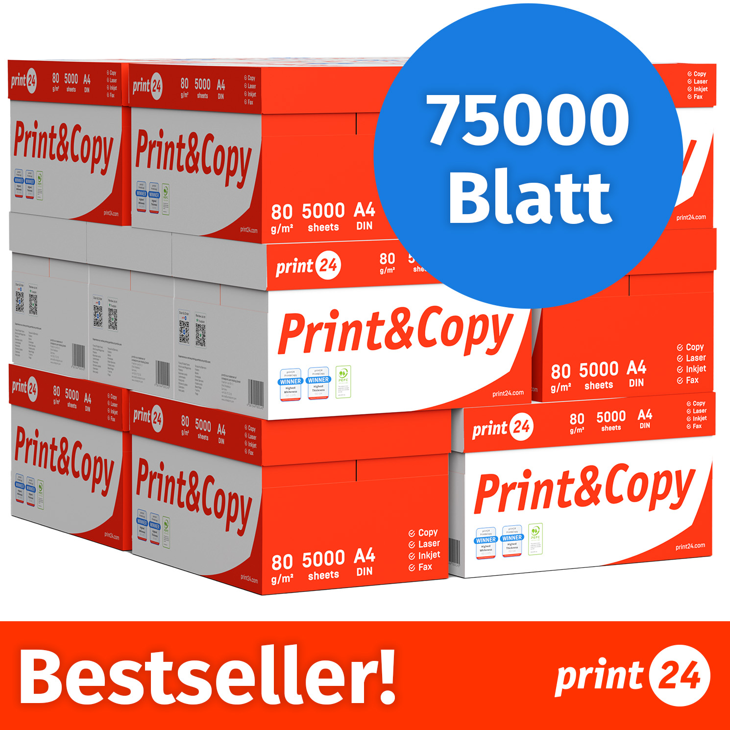 Stapel aus Print&Copy A4 Papierkartons mit der Aufschrift 75000 Blatt und Bestseller!