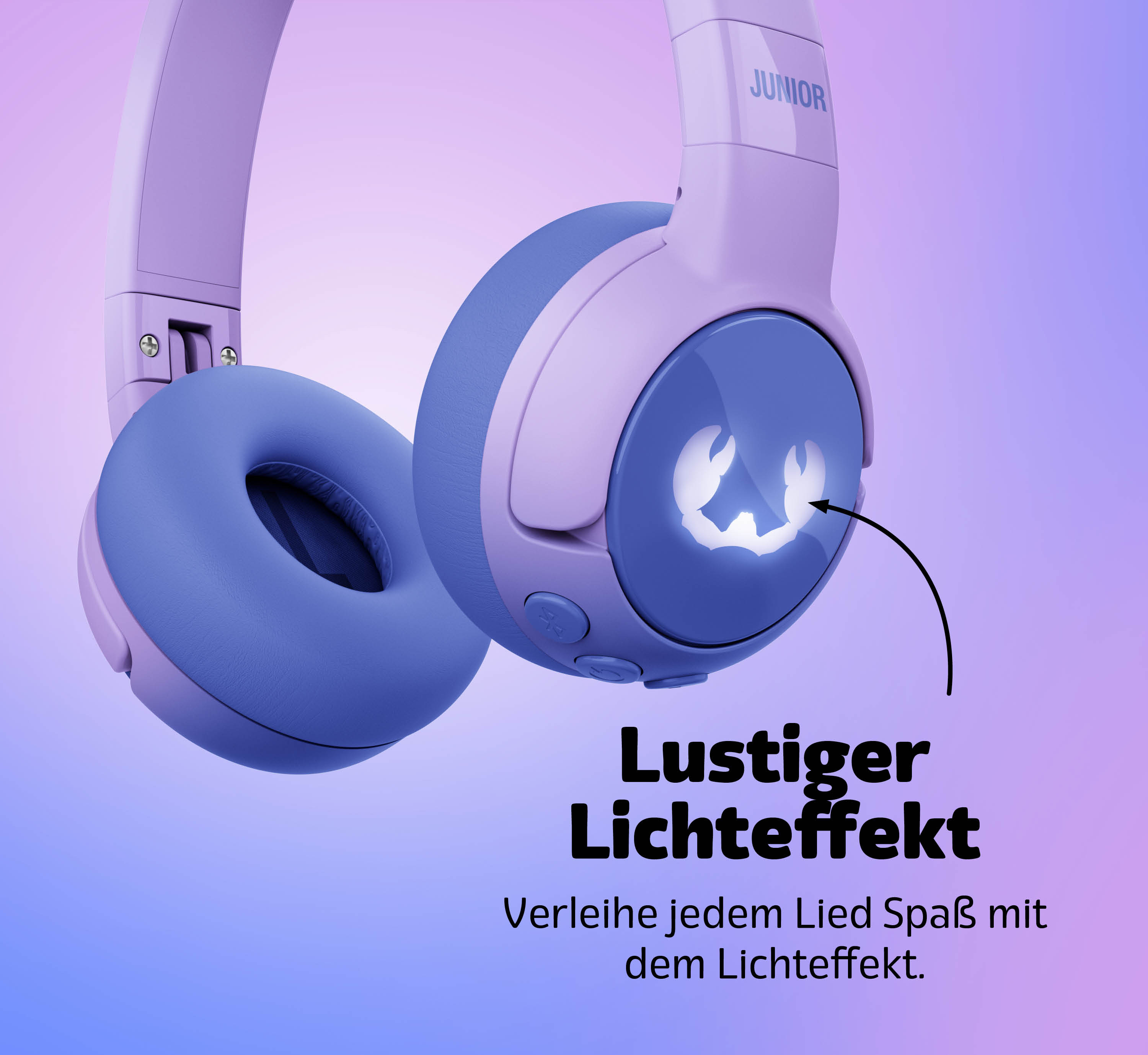 Lila Junior-Kopfhörer mit blauem Ohrpolster und leuchtendem Lichteffekt auf dem runden Hörer.