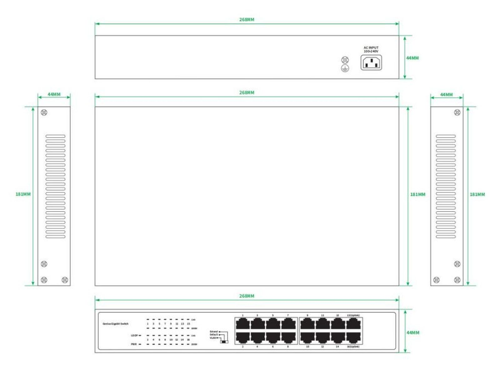 Technische Zeichnung eines Netzwerkschalters aus mehreren Blickwinkeln mit Maßen von 268x181x44 mm.