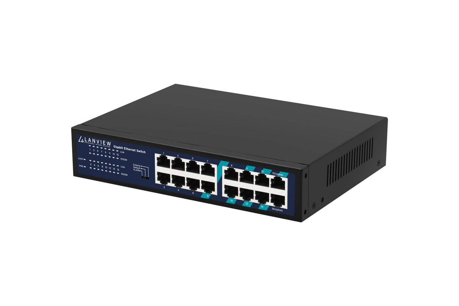 Ein schwarzer 16-Port-Gigabit-Ethernet-Switch auf weißem Hintergrund mit LED-Anzeigen und LANVIEW-Logo.