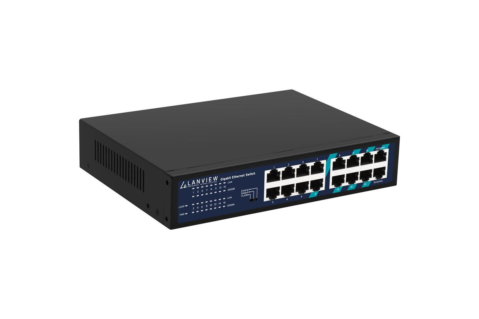 Ein schwarzer Gigabit Ethernet Switch mit zahlreichen Ports und blauen Akzenten auf weißem Hintergrund.