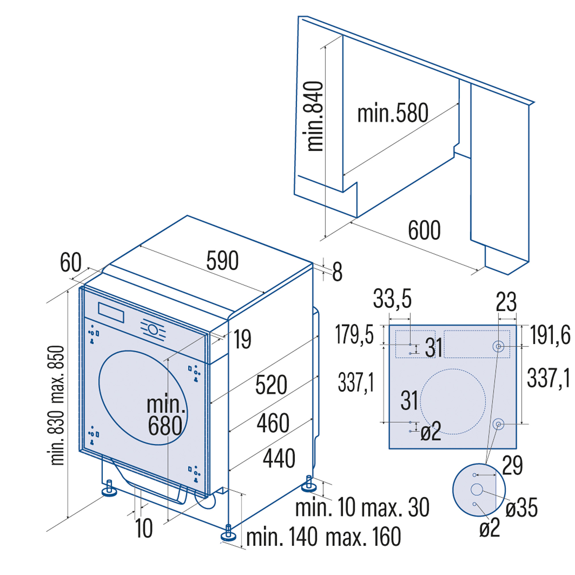 Dibujo técnico con medidas de un electrodoméstico y su espacio de instalación.