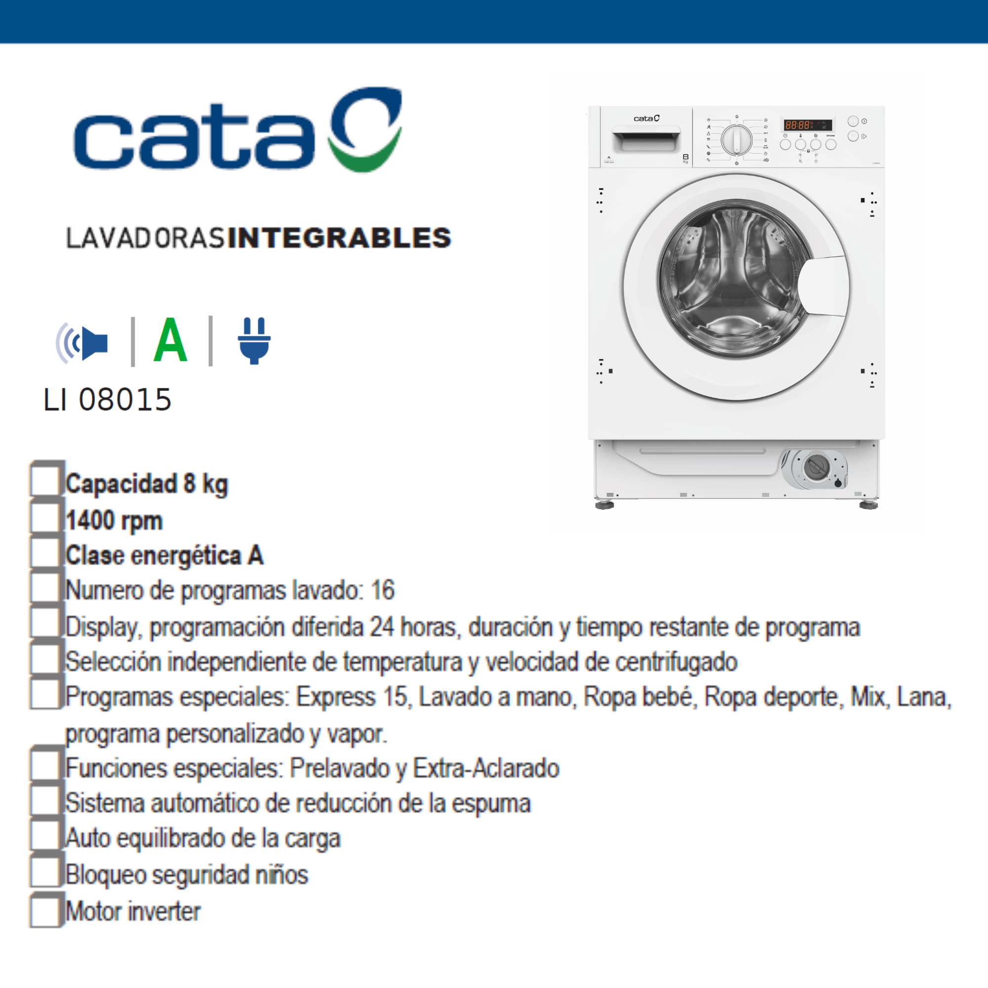 Lavadora integrable Cata LI 08015, capacidad de 8 kg, 1400 rpm, clase energética A, con varios programas de lavado.