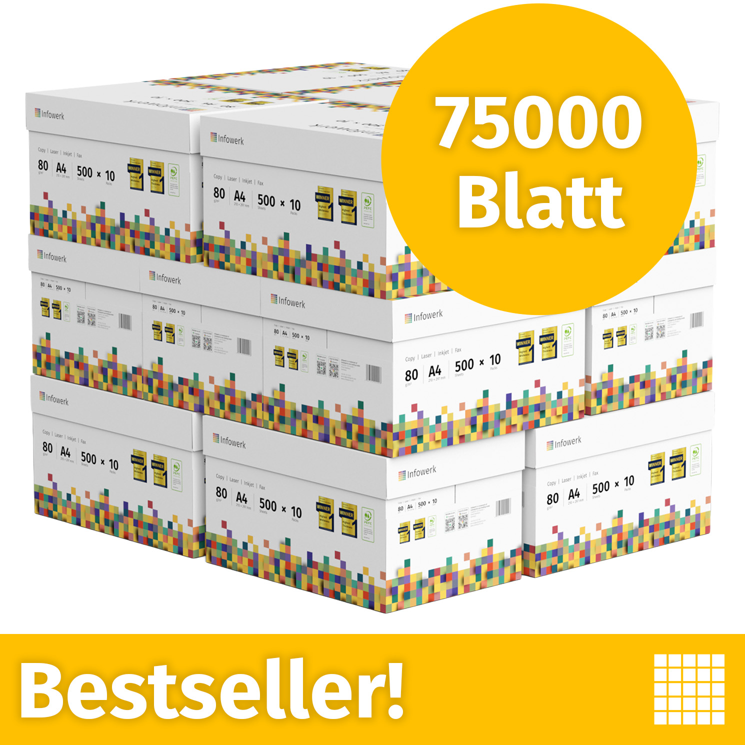 Ein großer Stapel Infowerk A4 Papierkartons mit buntem Pixelmuster und gelbem Kreis mit Aufschrift 75000 Blatt.