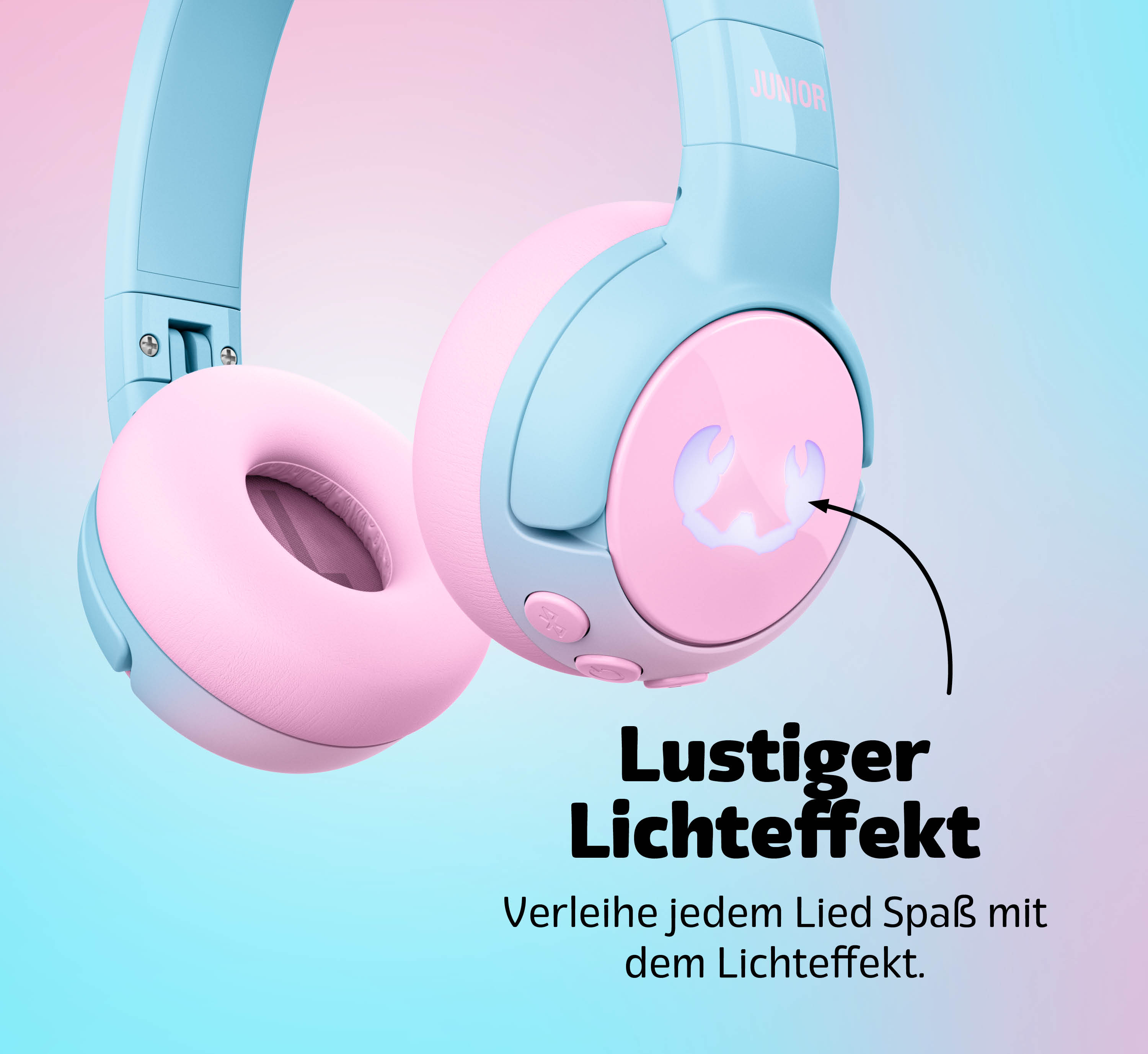 Blaue und rosa Kinderkopfhörer mit leuchtenden Ohren-Symbolen und deutschem Werbetext vor Farbverlauf.