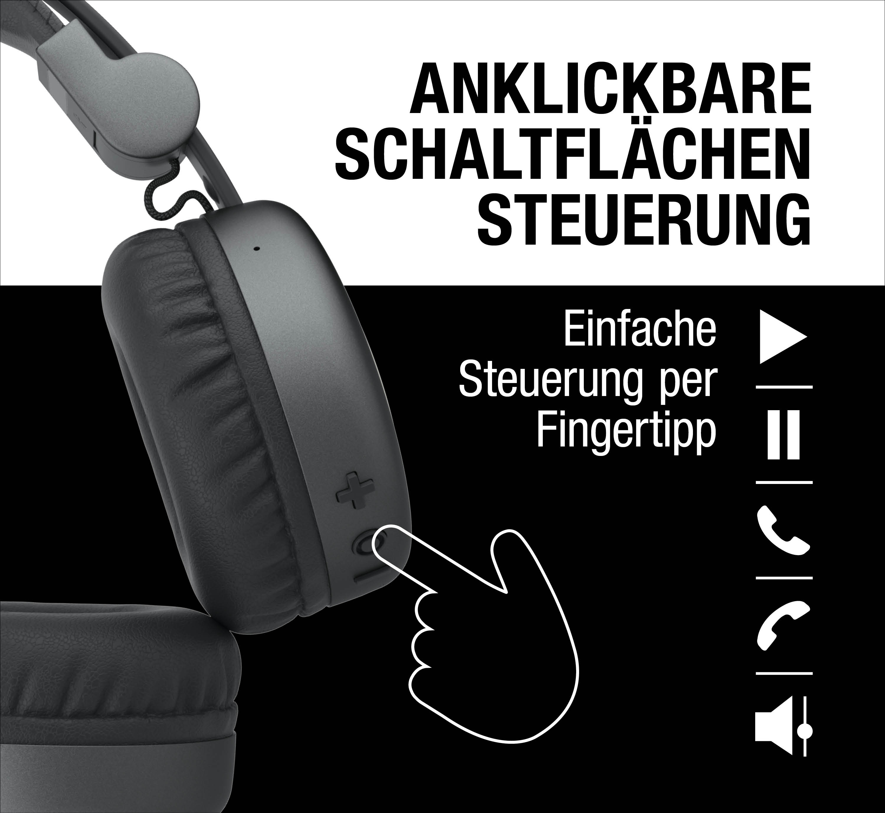 Schwarze Kopfhörer mit Tasten und einer Hand, die auf Bedienelemente zeigt, sowie deutsche Texten.