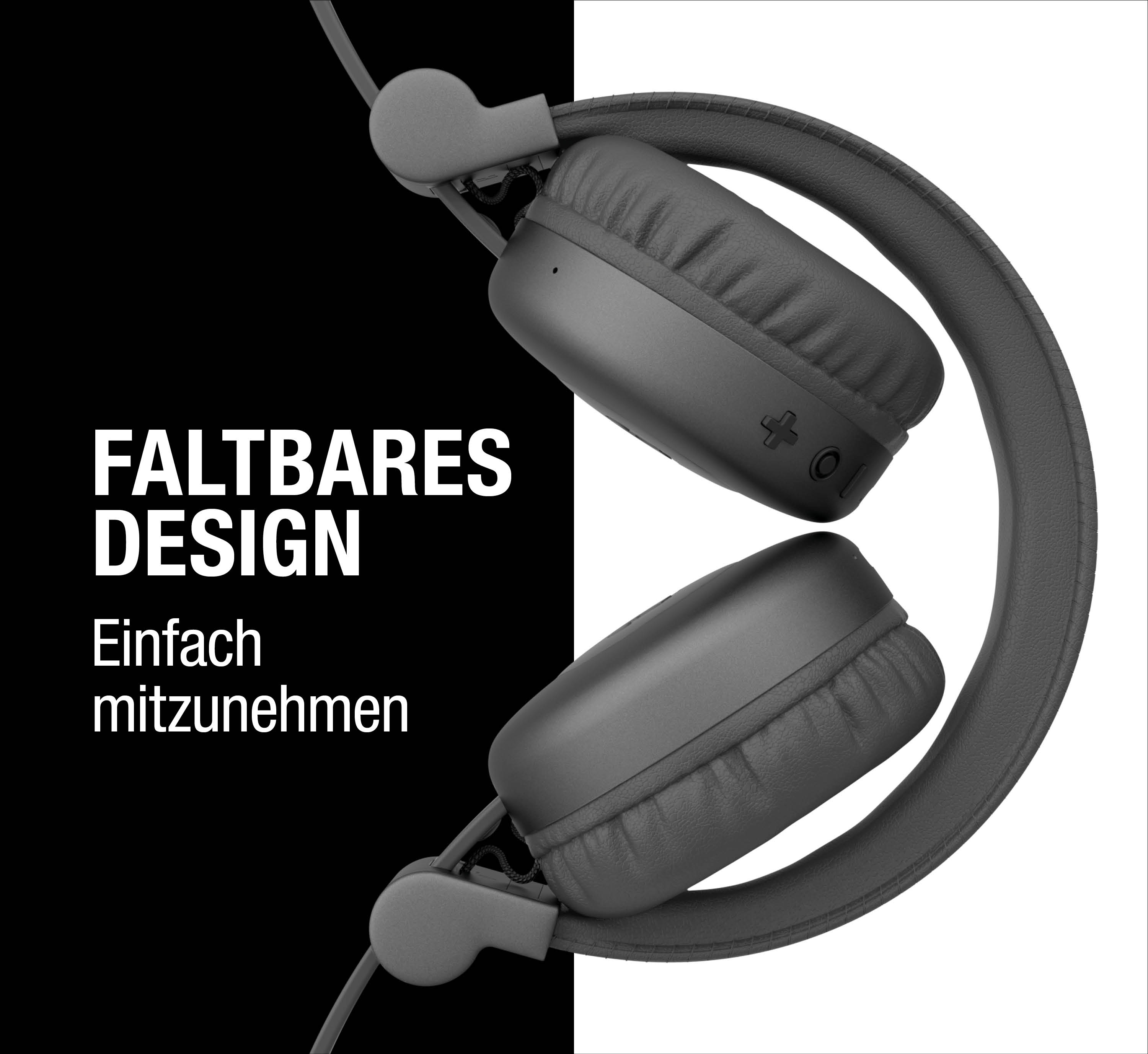 Graue, faltbare On-Ear-Kopfhörer vor schwarz-weißem Hintergrund mit deutschem Werbetext.
