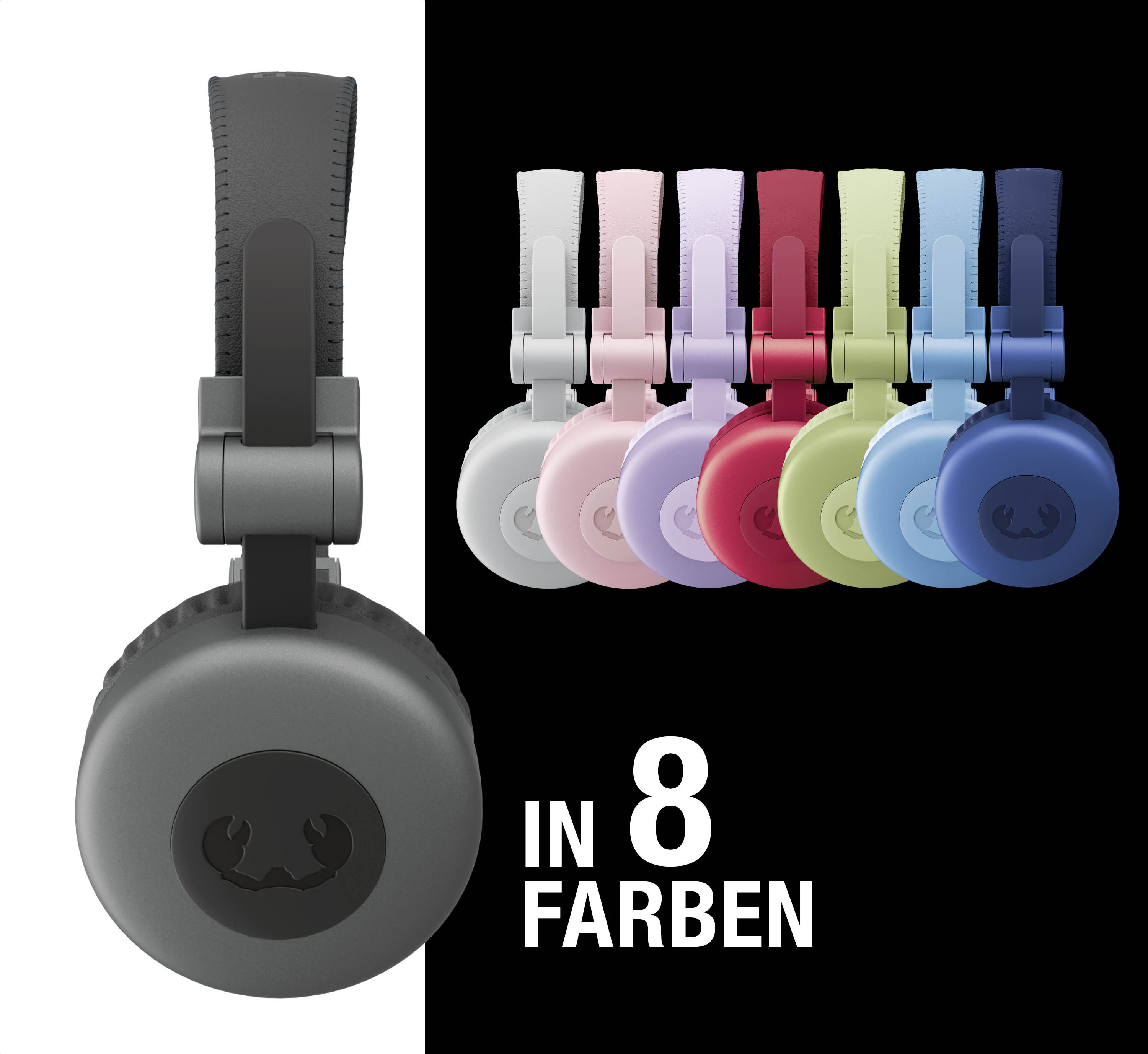 Graue Kopfhörer im Vordergrund und eine Reihe von bunten Kopfhörern auf schwarzem Hintergrund mit Text in 8 Farben.