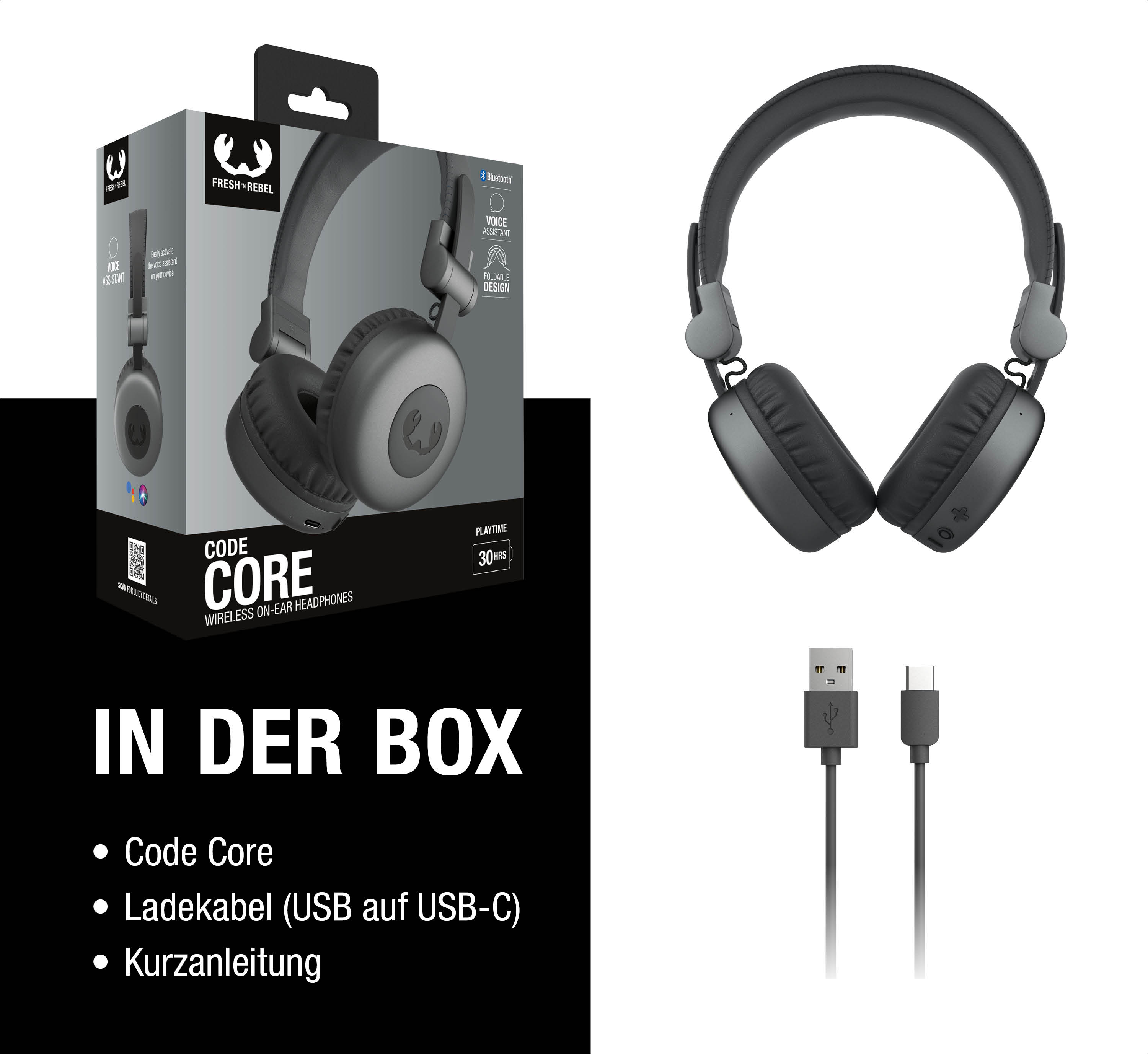 Graue Code Core kabellose On-Ear-Kopfhörer mit Verpackung, Ladekabel und Box-Inhaltstext.