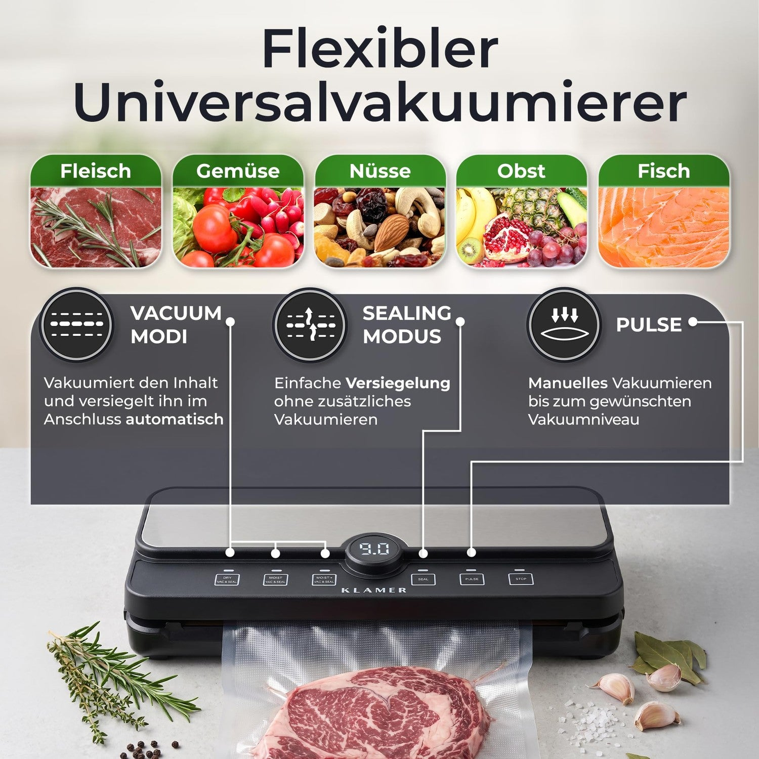 Ein Vakuumierer mit erklärenden Grafiken für Fleisch, Gemüse, Nüsse, Obst, Fisch sowie Modi wie Vacuum, Sealing, Pulse.