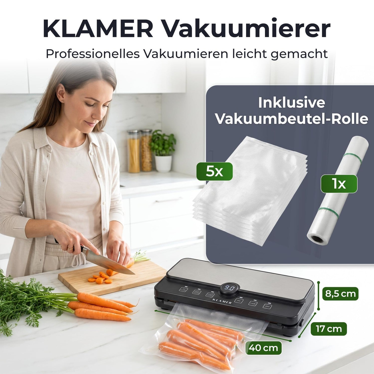 Frau schneidet Karotten in Küche neben einem Vakuumierer mit Beuteln und Maßen.
