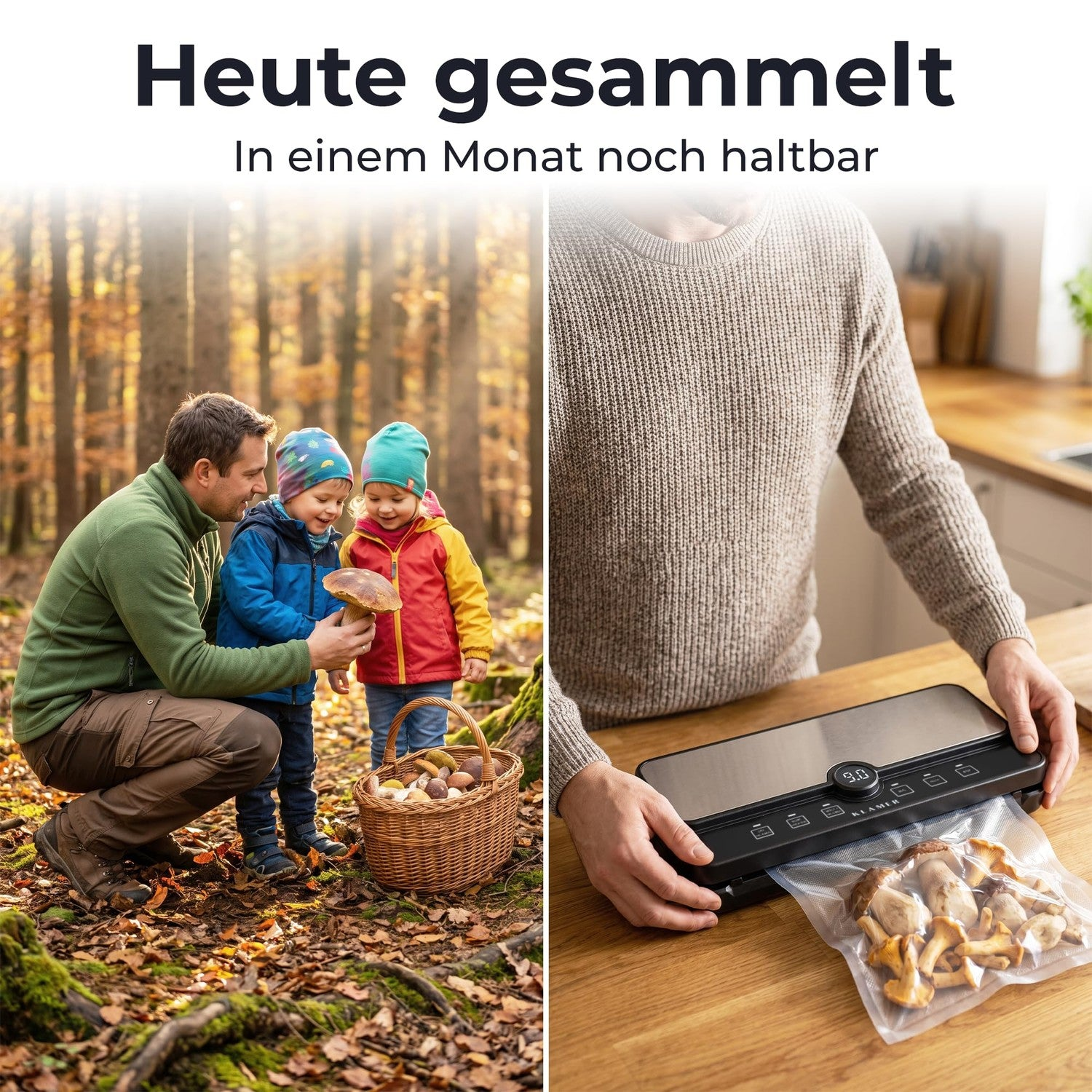 Ein Mann und zwei Kinder sammeln Pilze im Wald, rechts vakuumiert jemand frische Pilze in einer Küche.