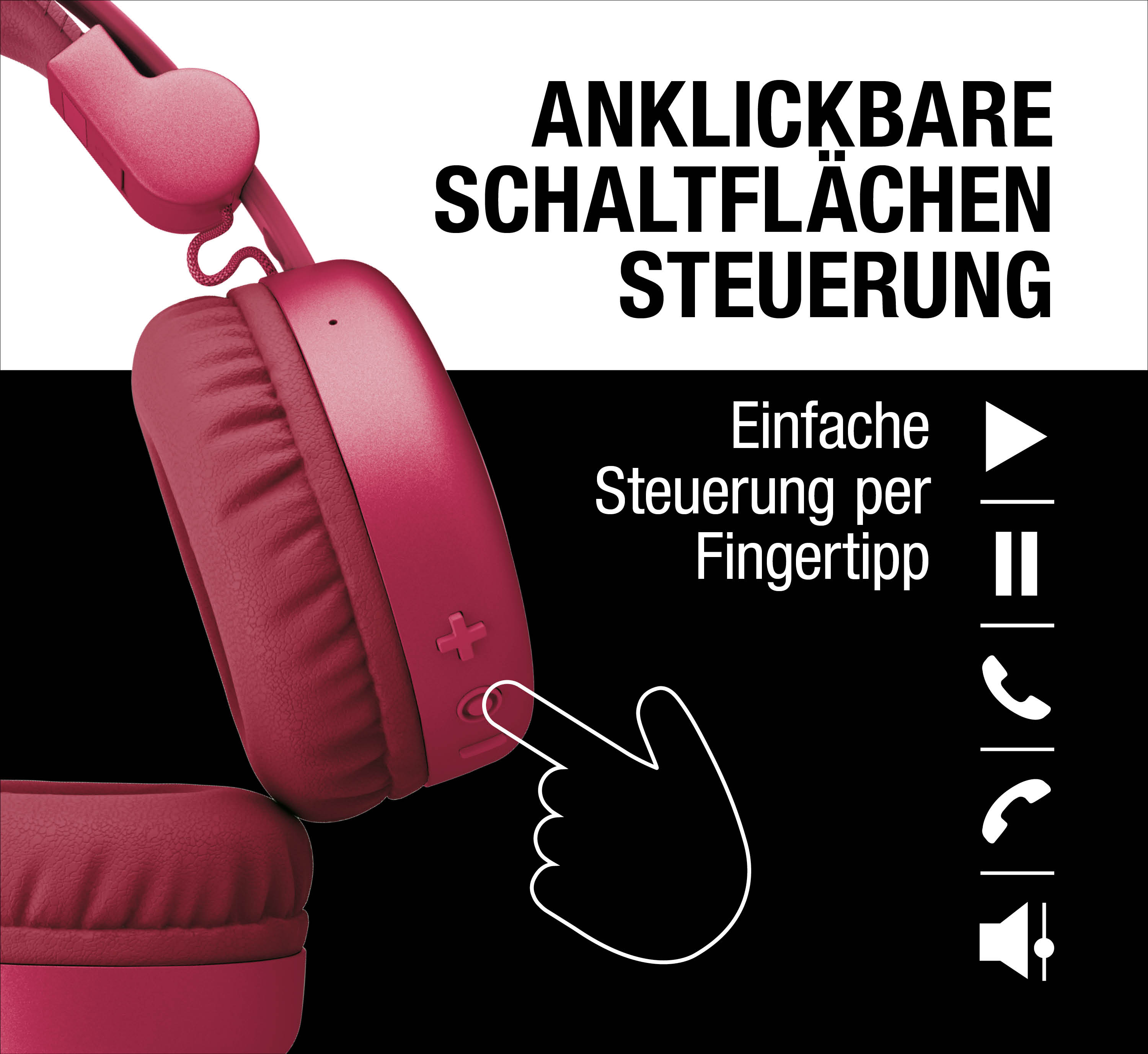 Pinkfarbene Kopfhörer mit Touch-Steuerung und deutschen Texten.