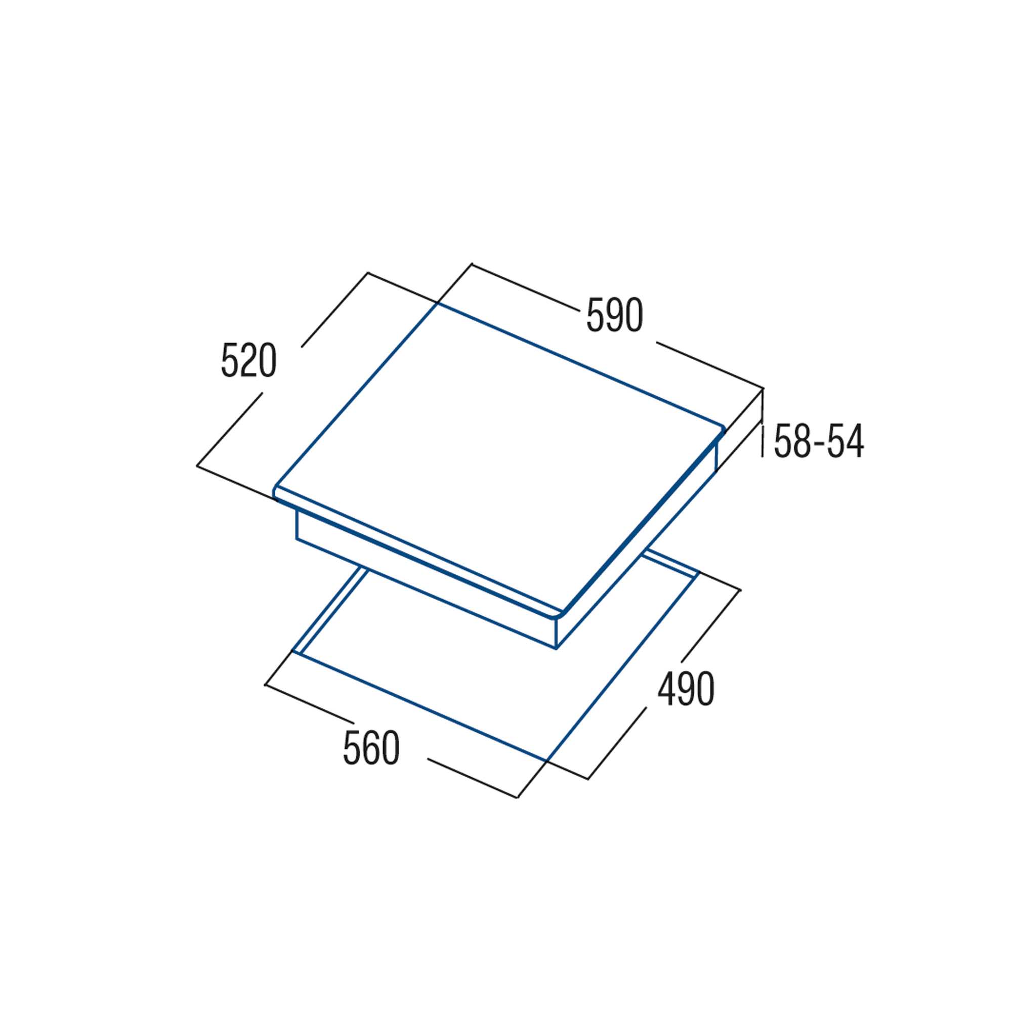 Dibujo técnico de una encimera rectangular con dimensiones en mm.