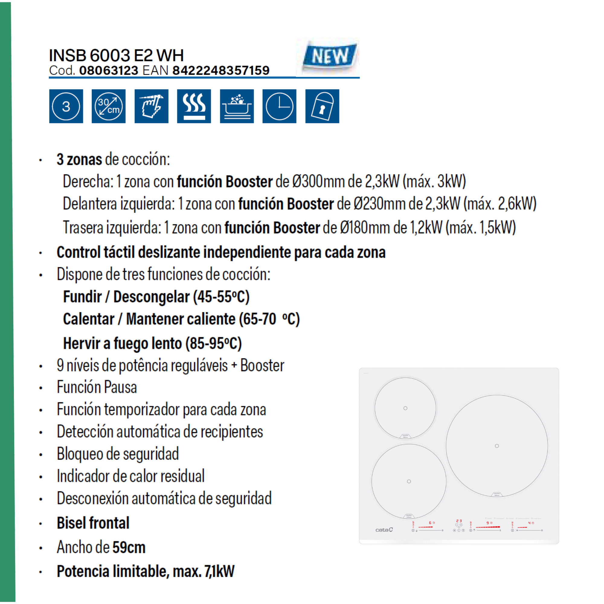 Hoja de especificaciones técnicas para la placa de inducción blanca INSB 6003 E2 WH con tres zonas.