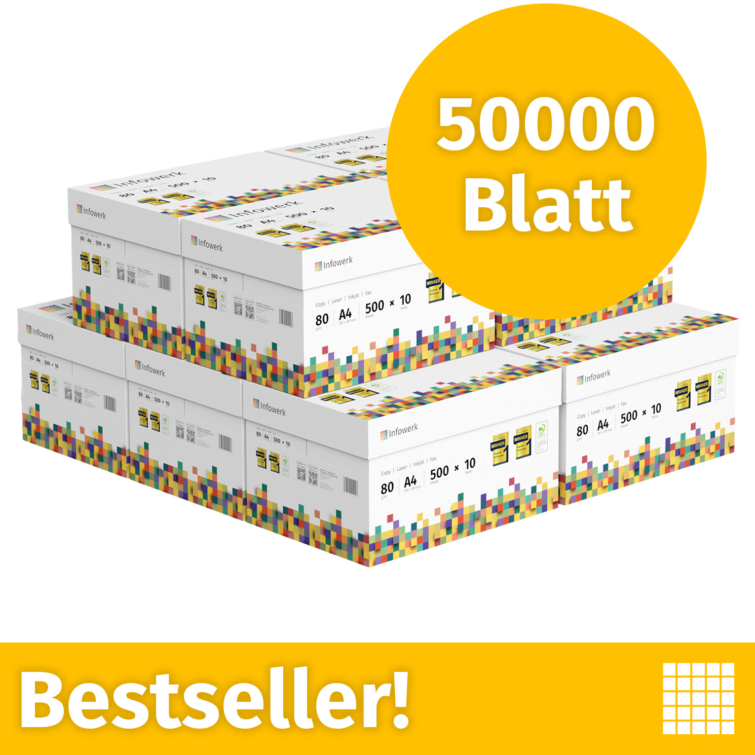 Stapel aus zehn weißen Kopierpapierkartons mit buntem Muster, gelber Text 50000 Blatt.