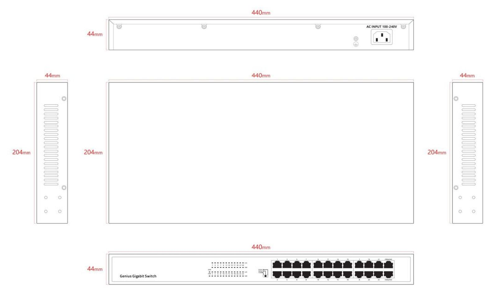 Technische Zeichnung eines Gigabit-Switches mit Maßen von 440mm x 204mm x 44mm aus verschiedenen Perspektiven.